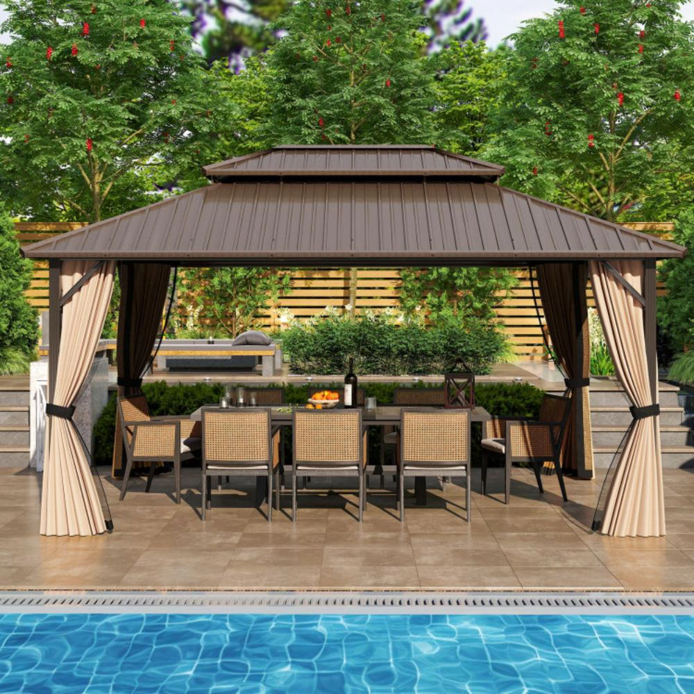 Hivvago 16 x 12 FT Hardtop Gazebo Outdoor Pergola for Patio Garden Deck Lawn Backyard Party Tent-Coffee