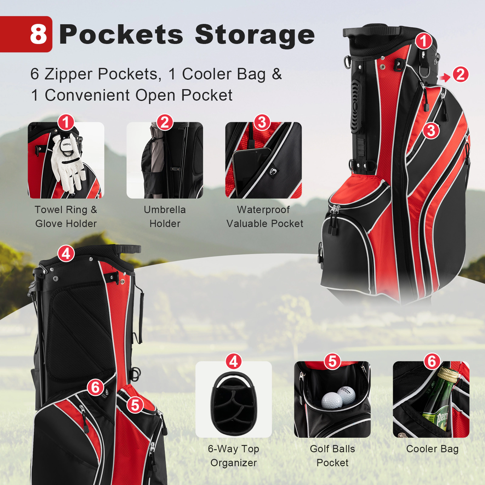 Golf Stand Carry Bag 6-Way Divider Top 8 Pockets Automatic Stand Legs Padded Dual Straps Red Lightweight