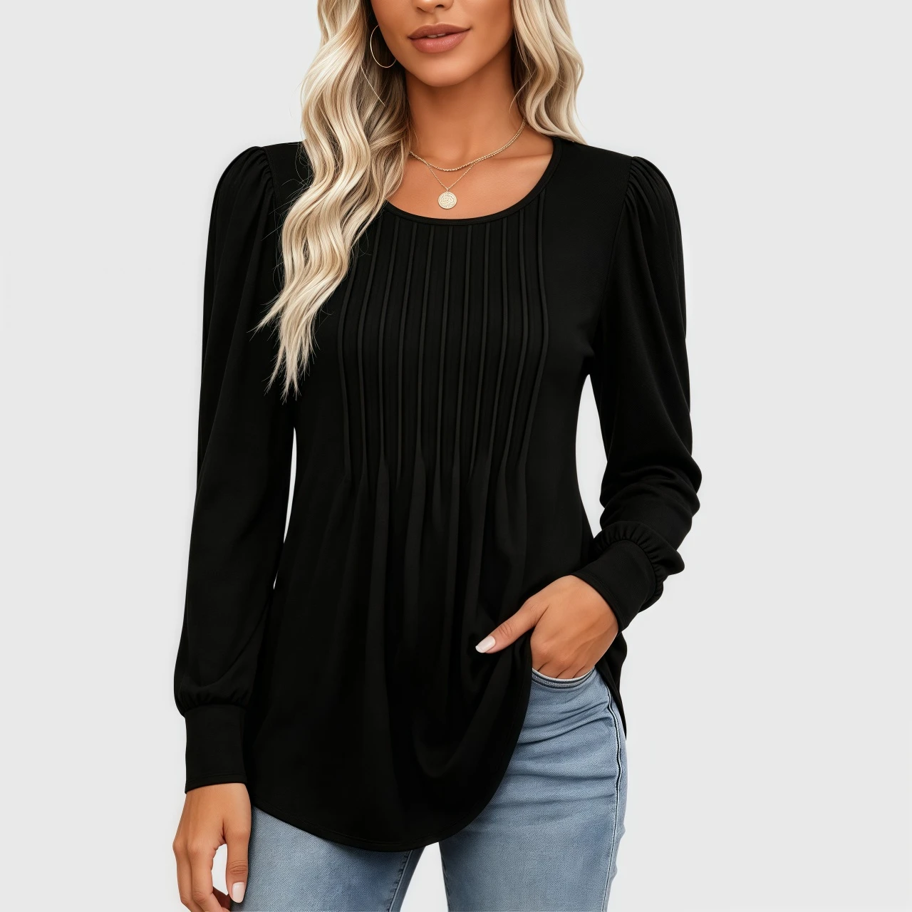 YesFashion Women's Long Sleeve Shirts Casual Pleated Crew Neck Puff Tunic Dressy Blouses Top