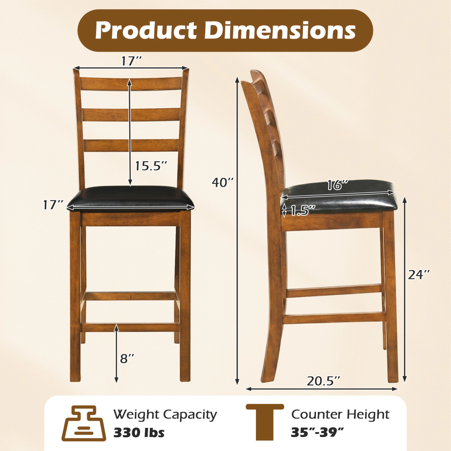 LJG Rubber Wood Ladder Back Bar Stools Set of 2 24inch Counter Height Kitchen Island High Chairs