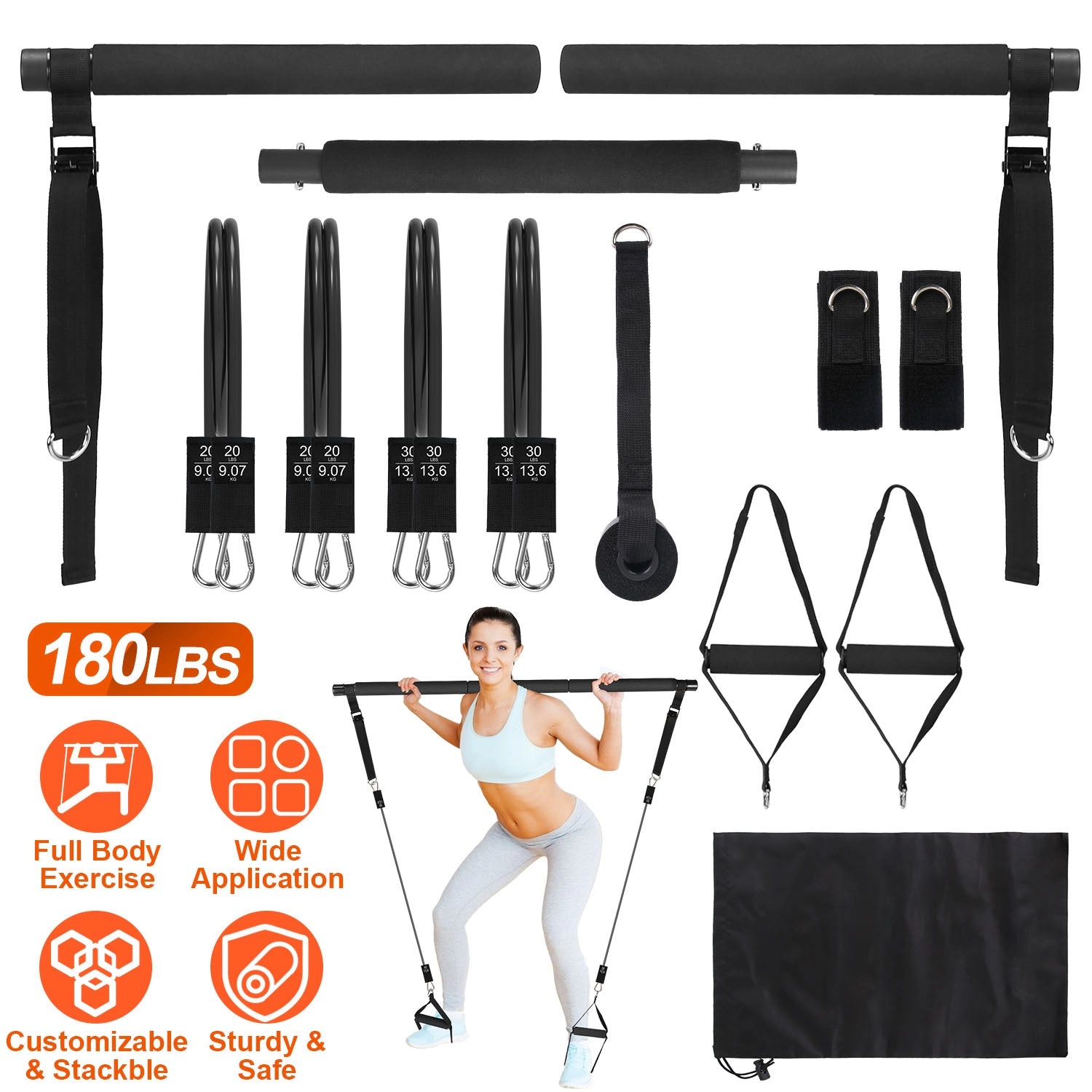 GBruno 100 LBS Pilates Bar Kit With Resistance Bands