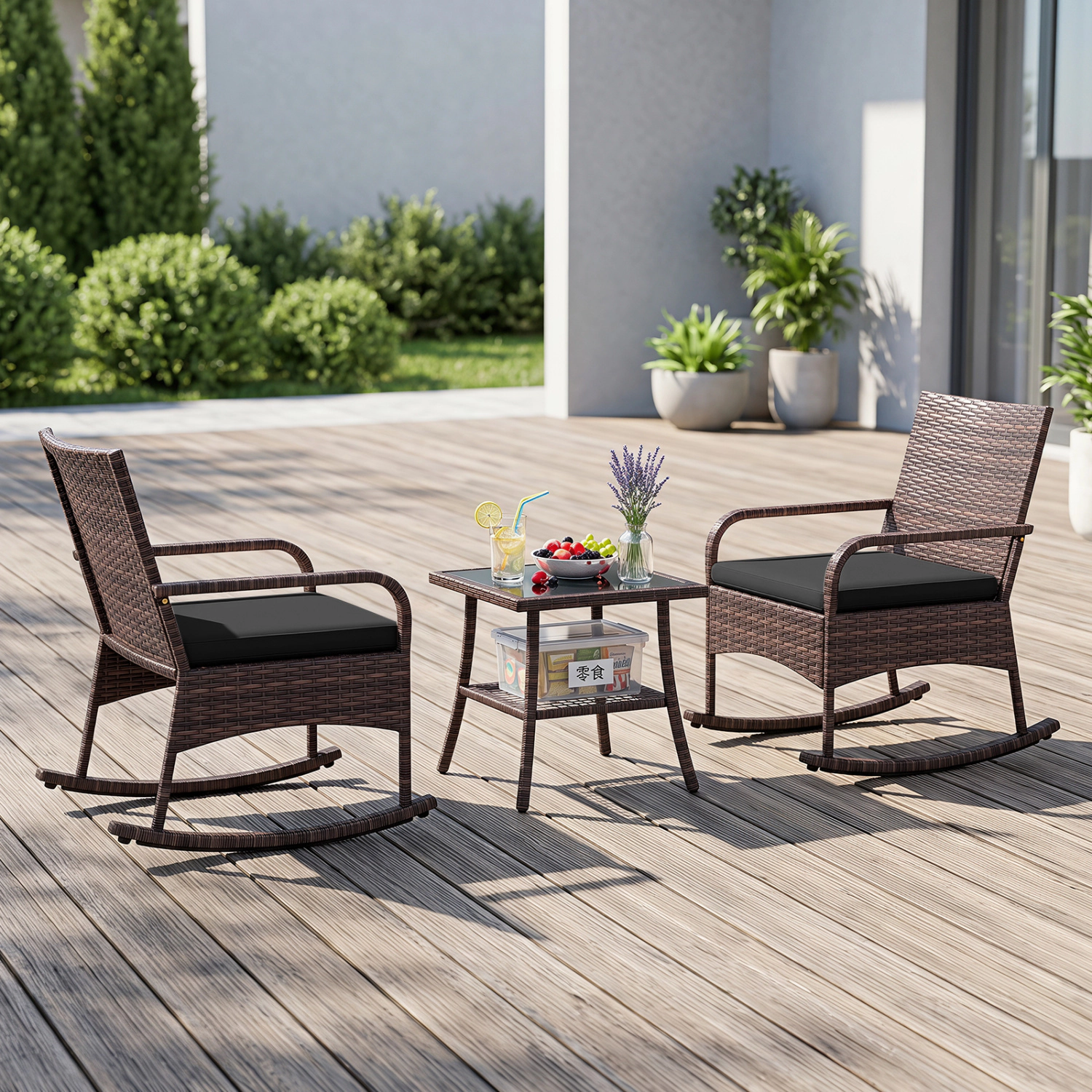 LJG 3 Pieces PE Wicker Rocking Bistro Set with 2-Tier Side Table Cushions and Ergonomic Armchairs for Porch