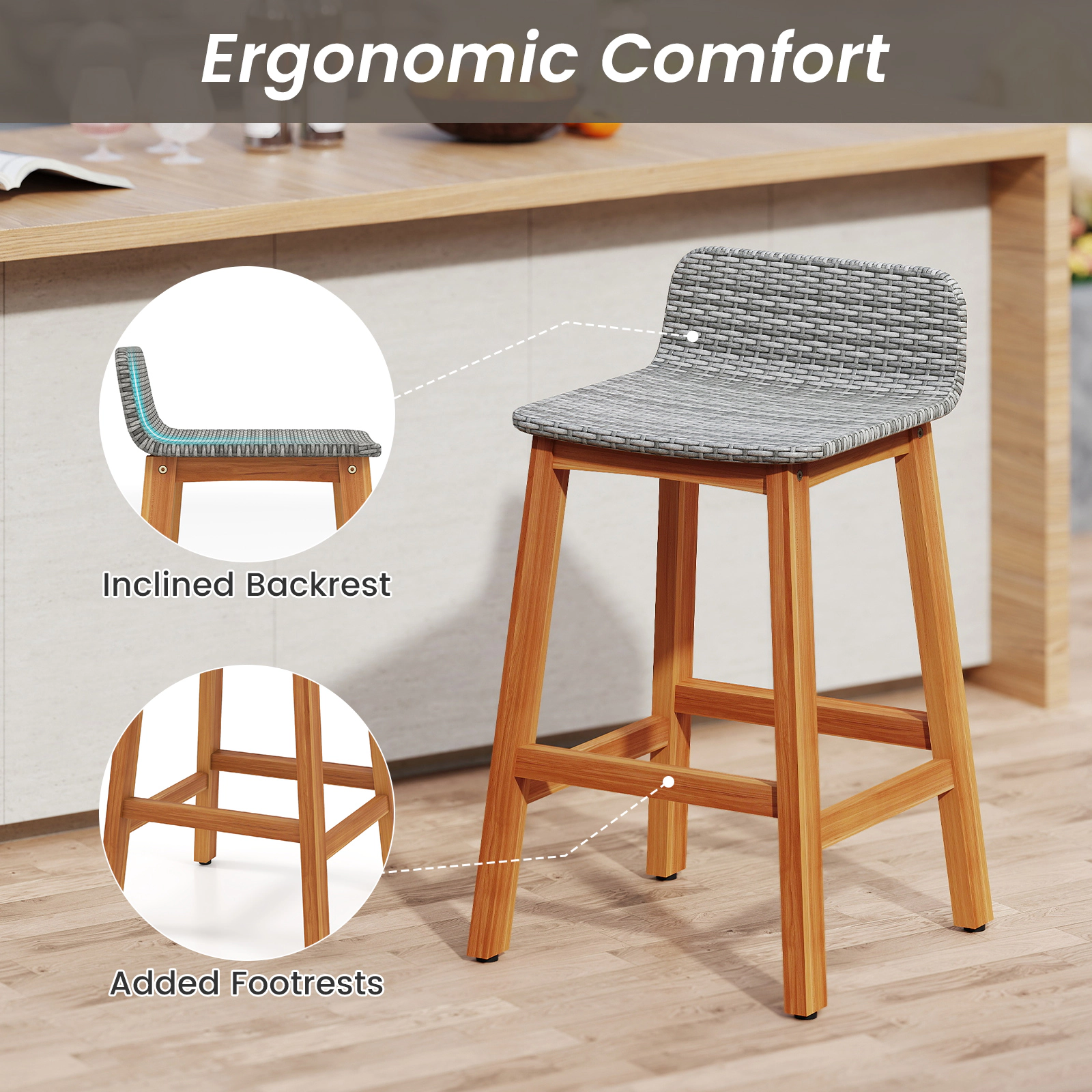SUGIFT Outdoor Bar Stool Chair Set 400-lb Capacity 26-in Seat Height Natural