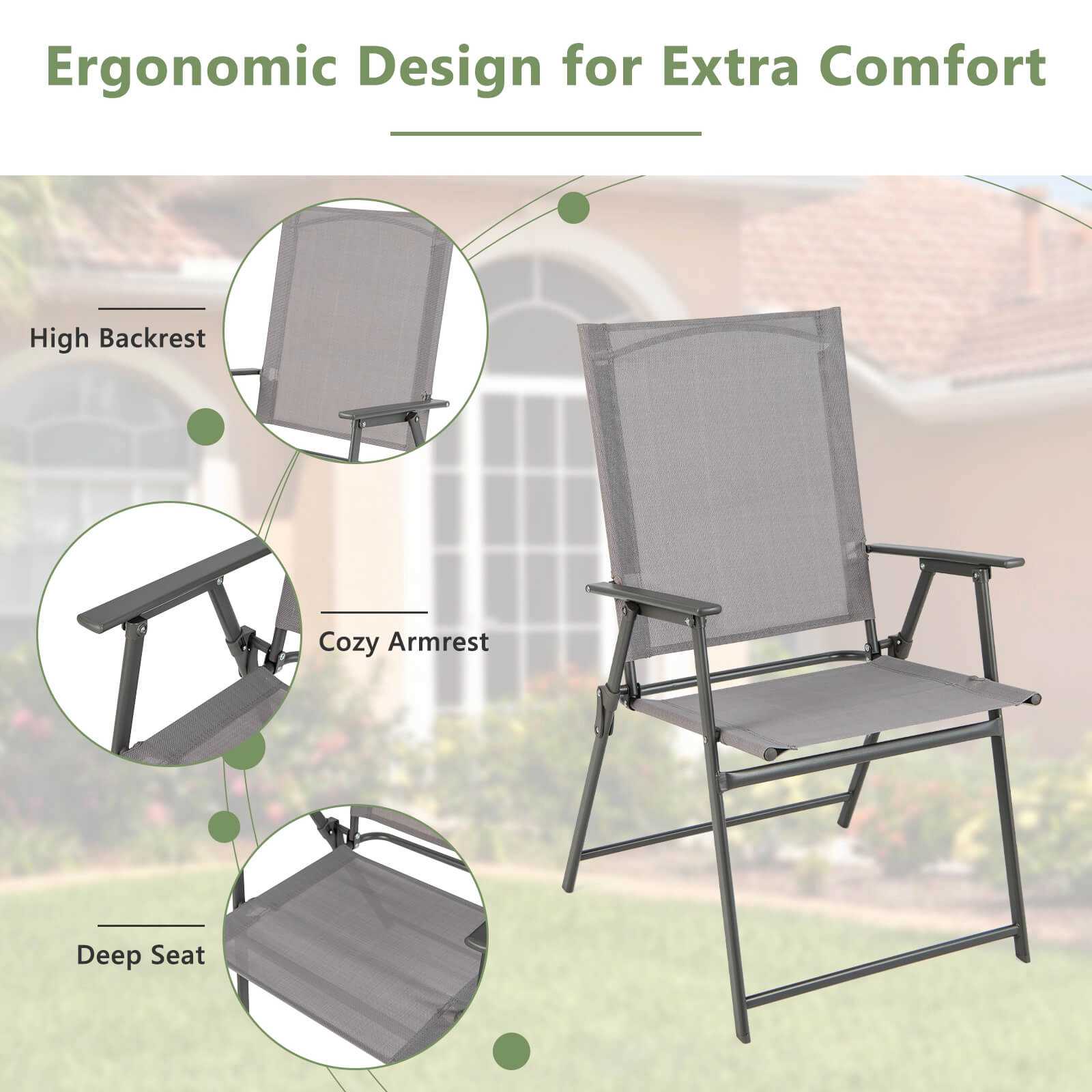 SUGIFT Set of 4 Gray Folding Patio Chairs, Metal Frame, Breathable Sling Seat