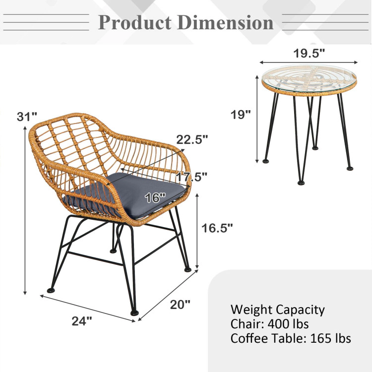 Hivvago 3 Pieces Rattan Furniture Set With Cushioned Chair Table