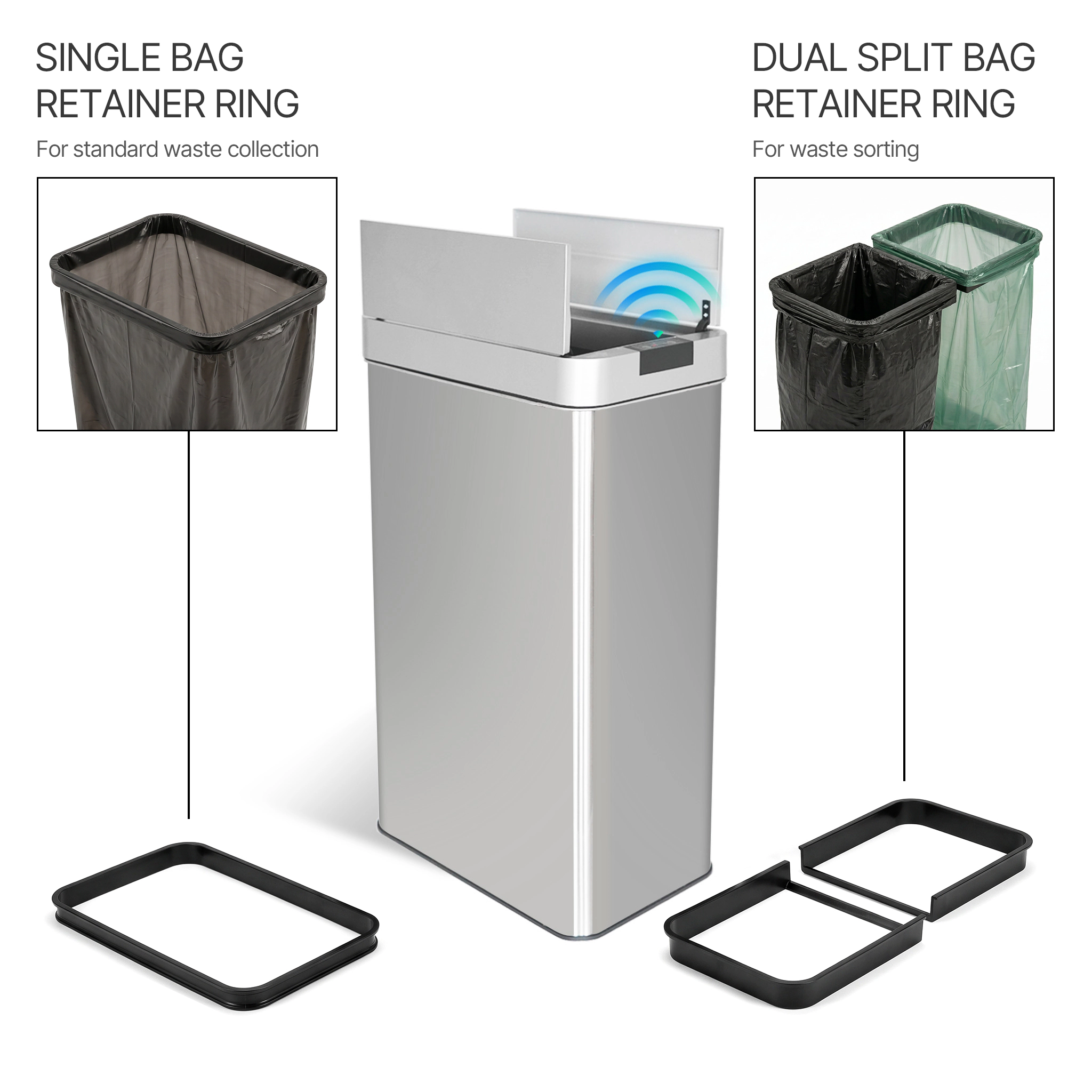 Innovaze 16 Gallon Silver Stainless Steel Slim Motion Sensor Trash Can with Butterfly Lid
