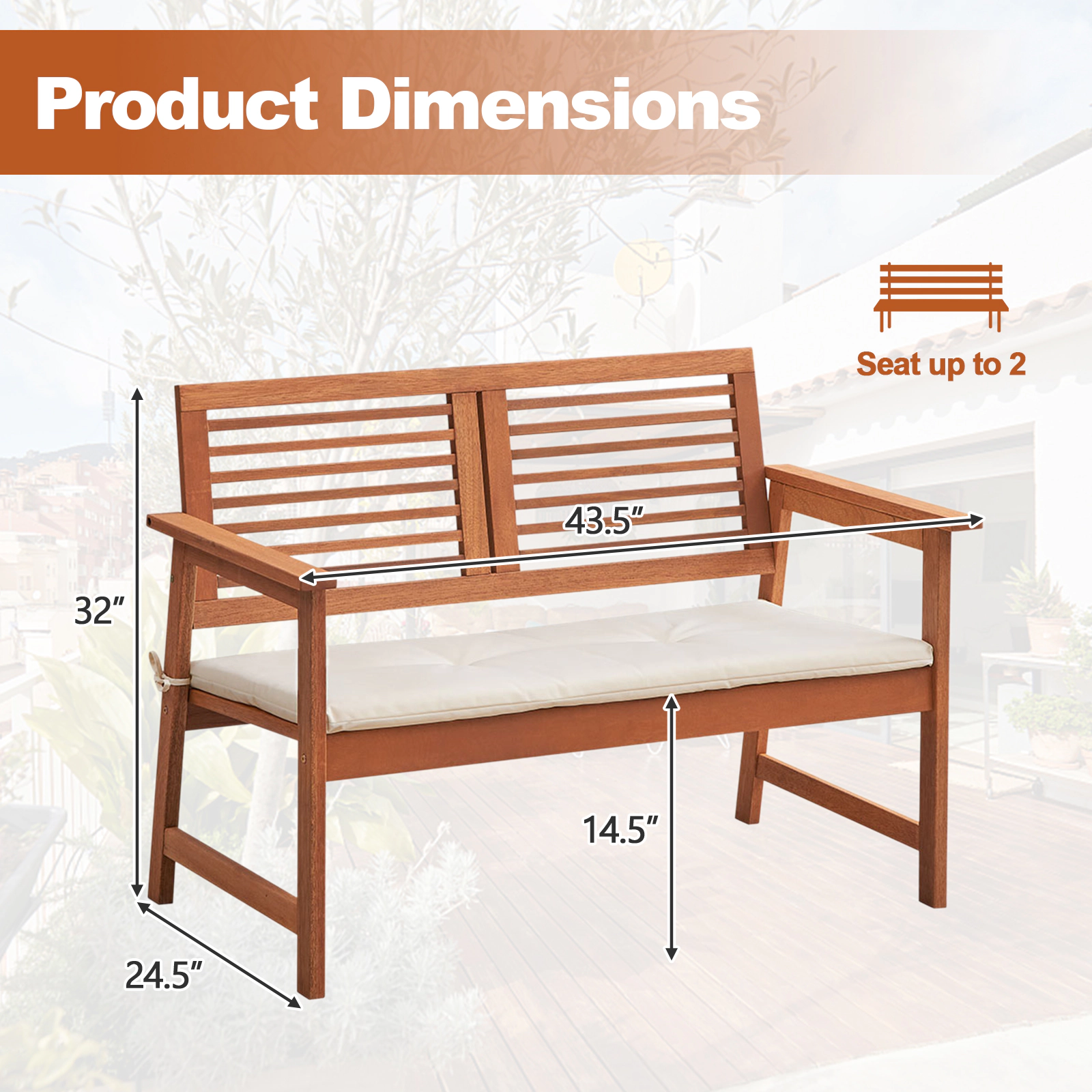 Hivvago 2-Person Solid Wood Patio Bench With Backrest And Cushion