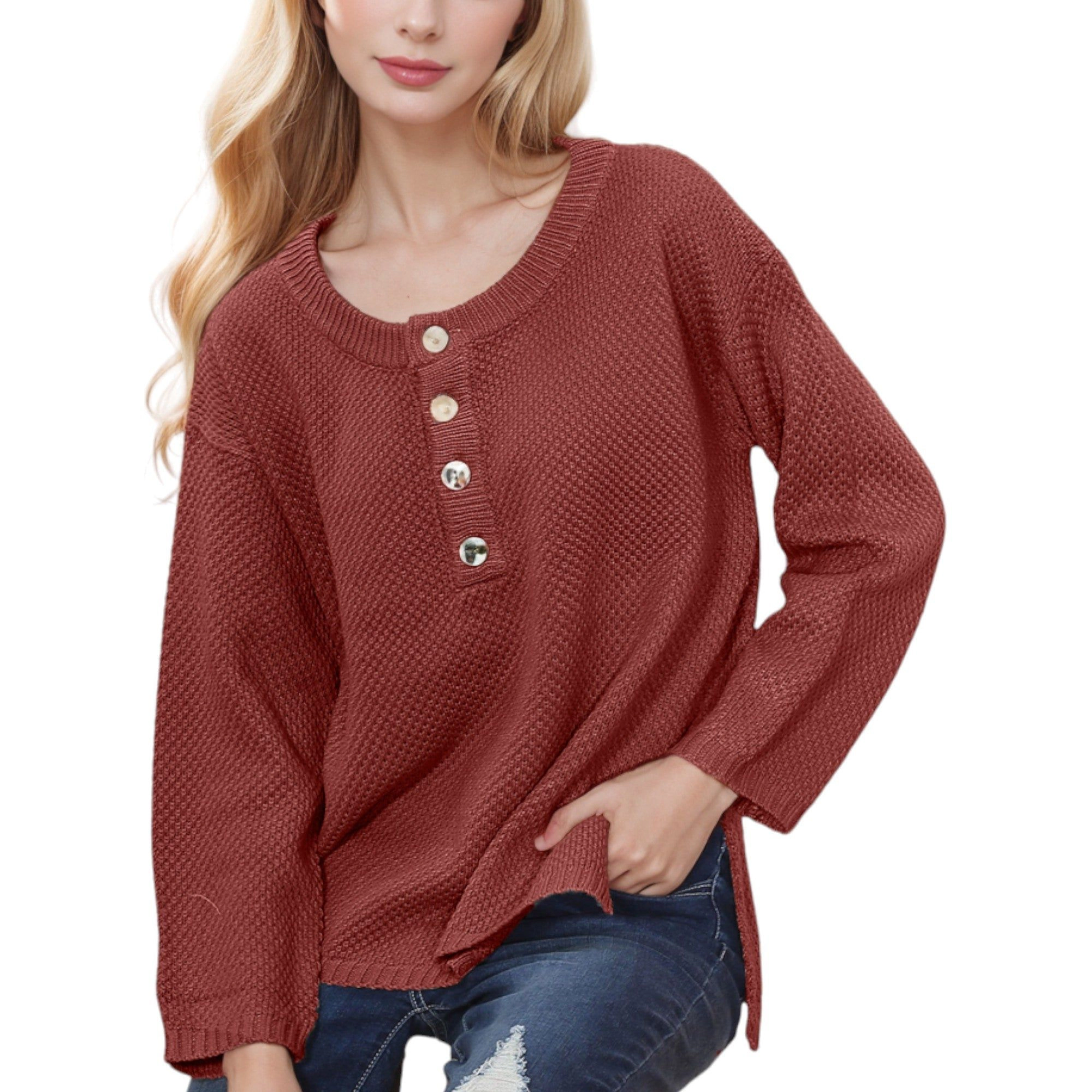 Anna-Kaci Women's Contrast Half Button Henley Down Textured Sweater