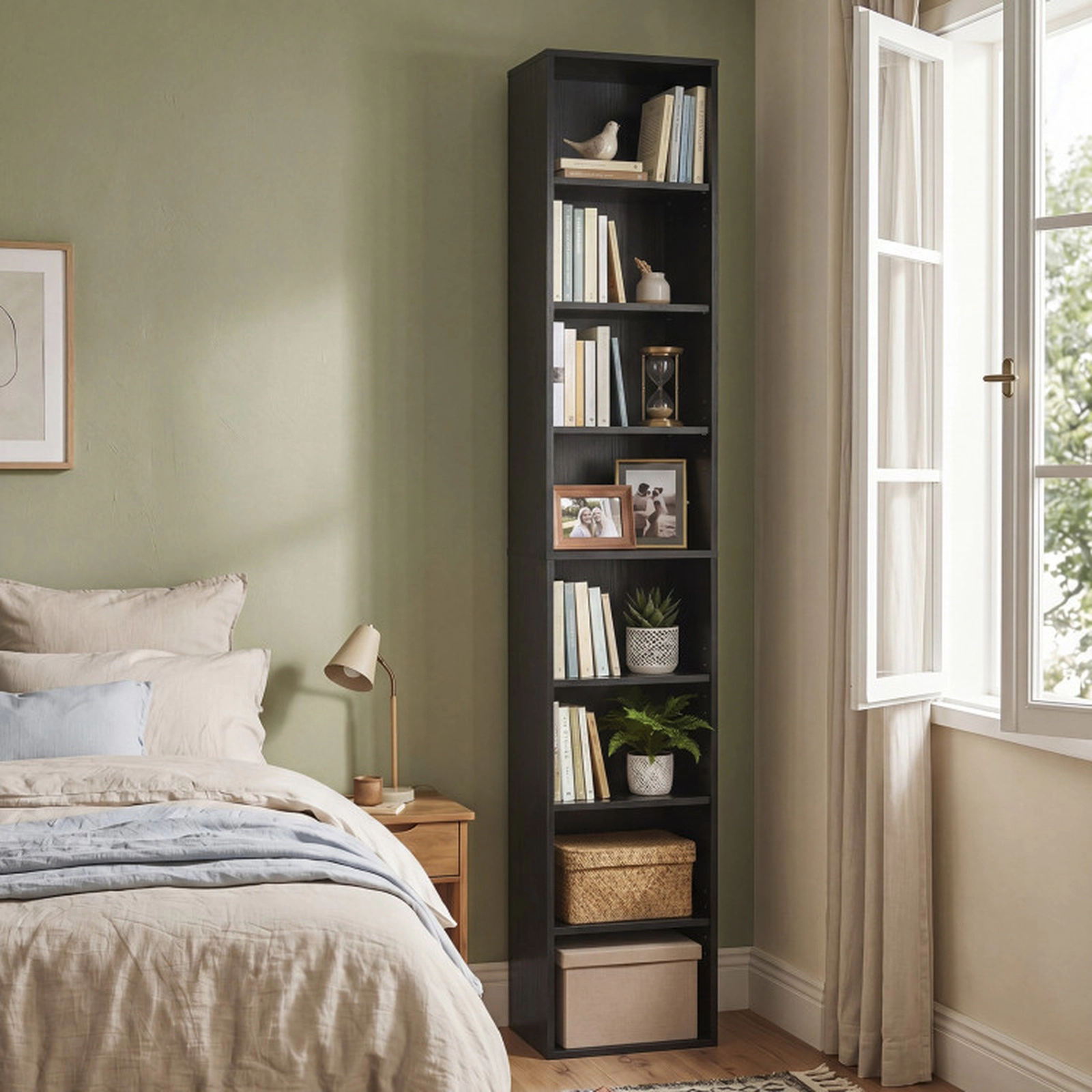 SUGIFT 8-Tier Narrow Bookcase with 4 Adjustable Shelves and Storage Cubes 22-lb Shelf Capacity 71-in Tall Black