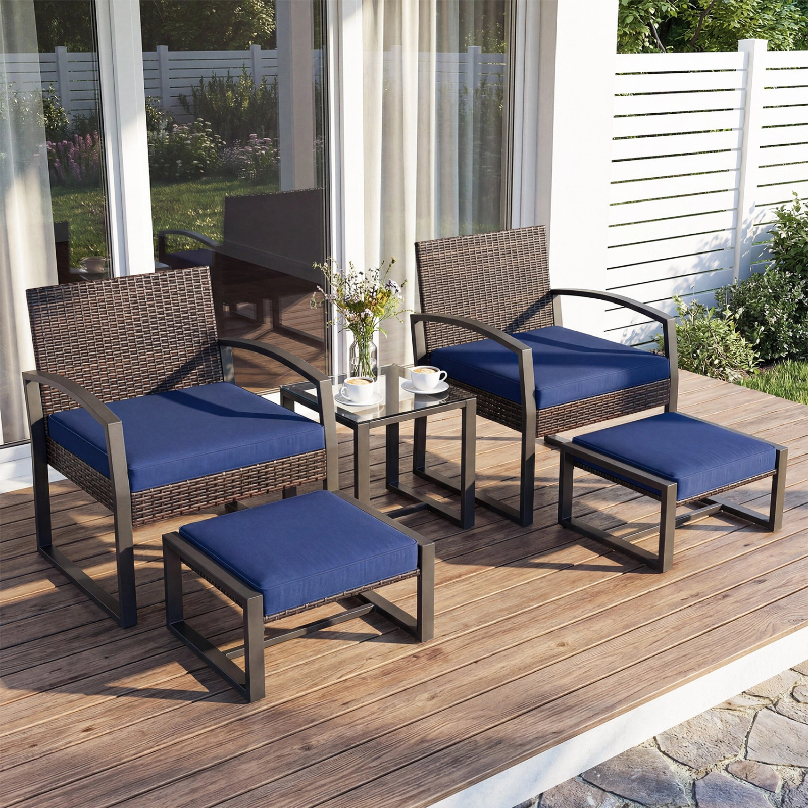 SUGIFT Patio Conversation Set with 2 Ottomans & Tempered Glass Side Table 400-lb Chairs 220-lb Ottomans 165-lb Table Mix