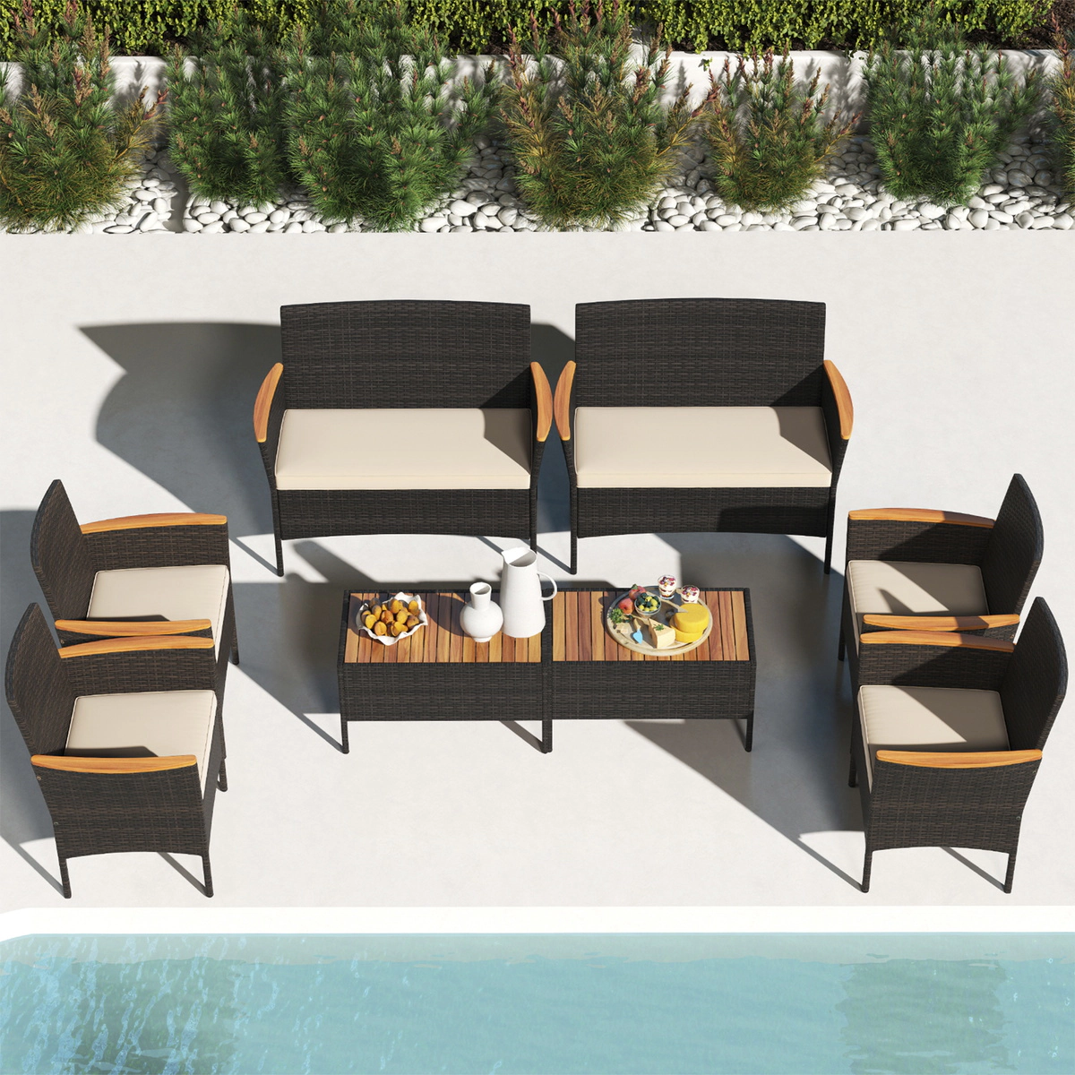 SUGIFT Patio Wicker Sofa Conversation Set with Loveseat 400/800-lb Capacity Mix Brown with Beige/Gray/Red Cushions