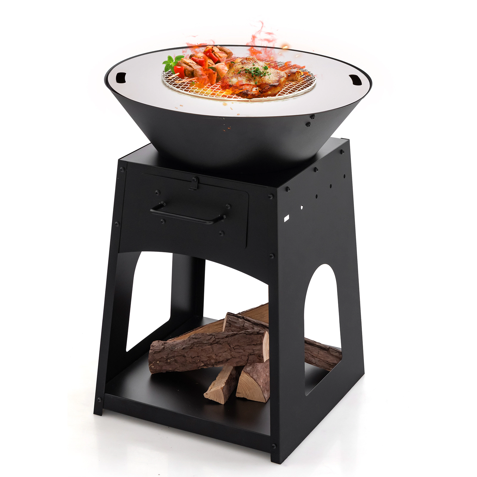 SUGIFT 23-In Wood-Burning Outdoor Fire Pit with Grill, Log Rack, Ash Box and Poker