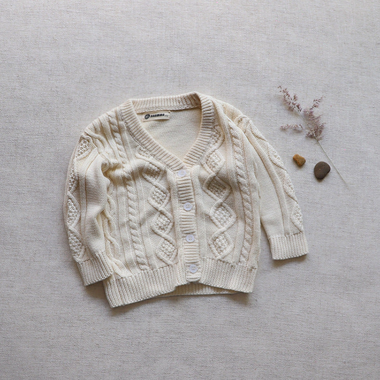 MyKids-USA Baby Crochet Kint Pattern Solid Color V-Neck Single Breasted Cardigan