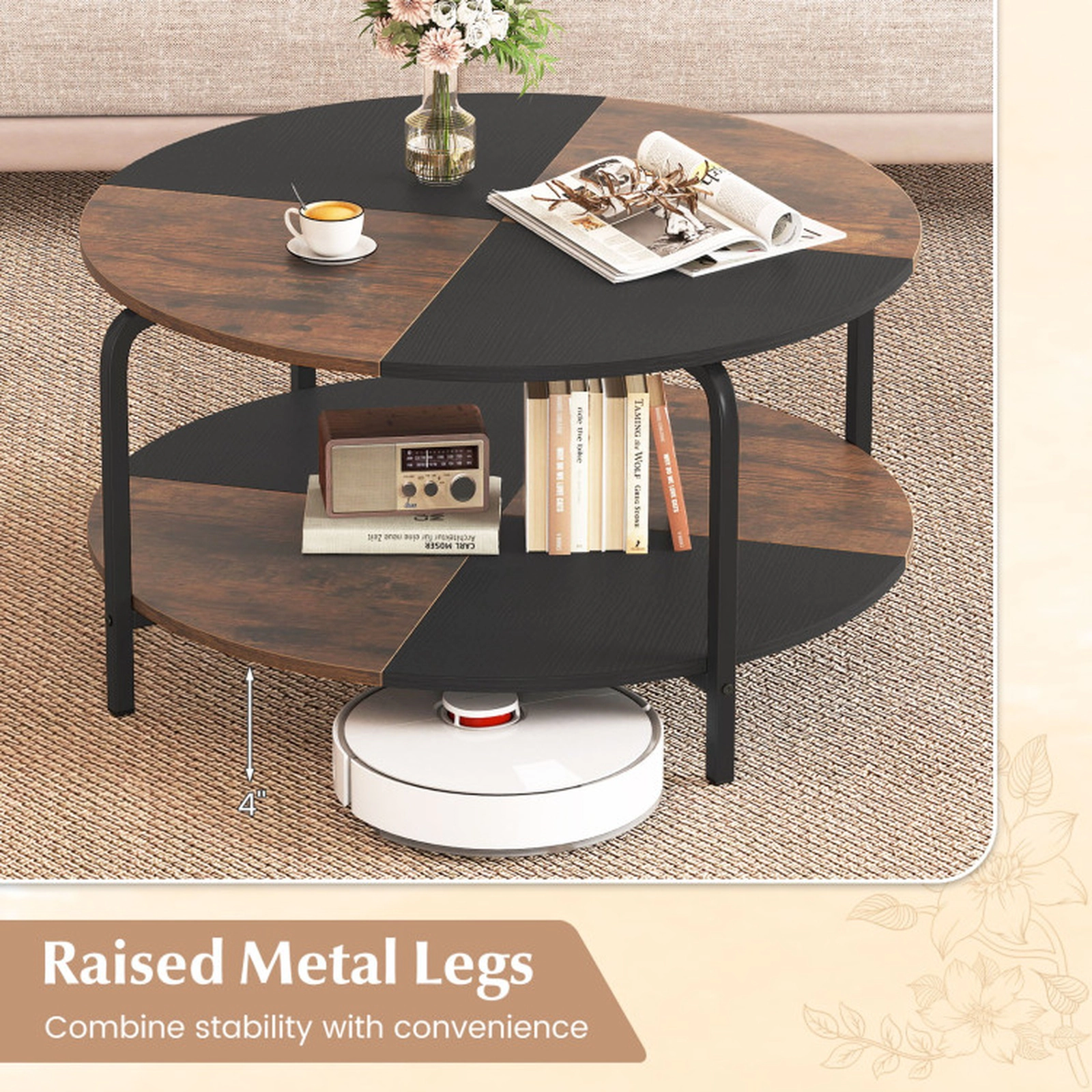 SUGIFT 2-Tier Round Coffee Table with Split-Color Top 220-lb Tabletop Capacity Rustic Brown & Black
