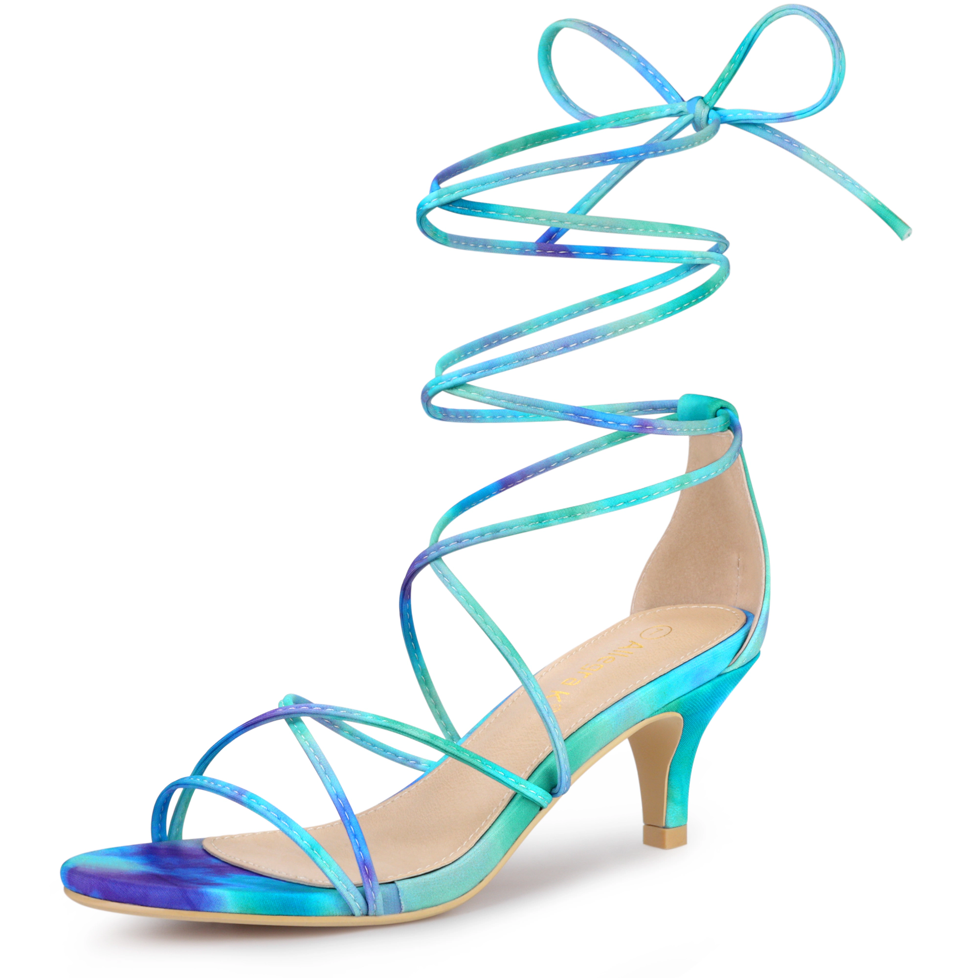 BLISSFUL STEP Women's Tie Dye Strappy Open Toe Lace Up Kitten Heel Sandals