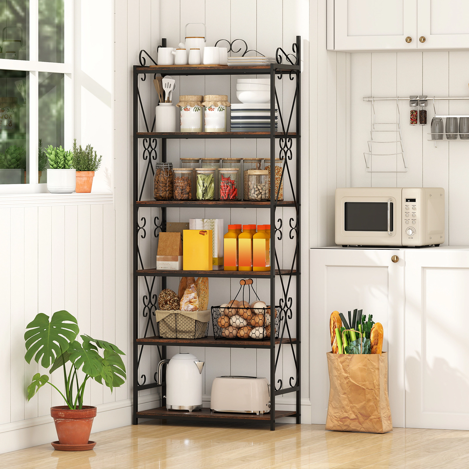 SUGIFT 6-Tier 71.5-in Tall Industrial Bookshelf with Scrollwork Metal Frame and 44-lb Shelves for Study