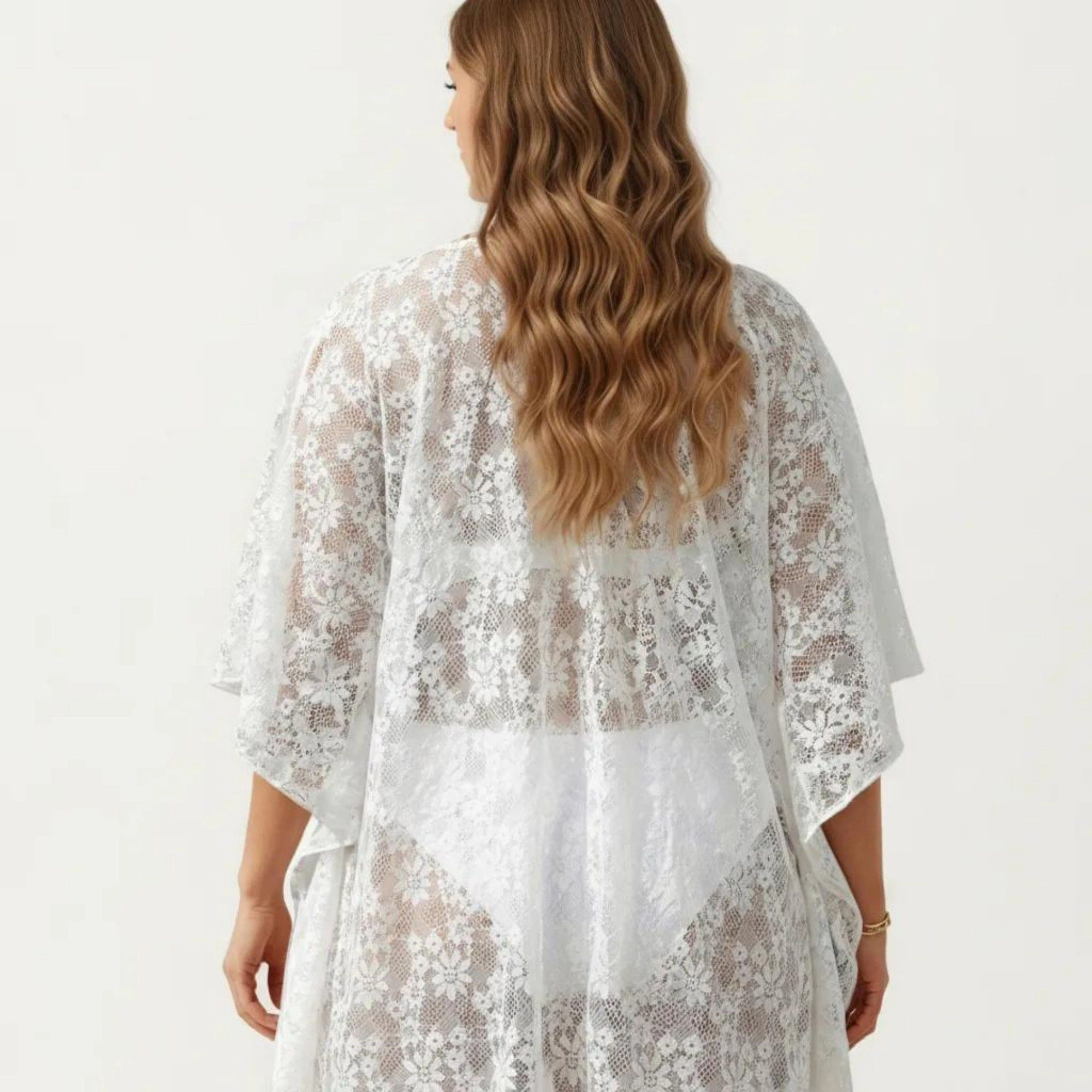 Anna-Kaci Women's Lace Swim Crochet Trim Floral Pattern Open Front Relaxed Sleeves Cover Up Cardigan