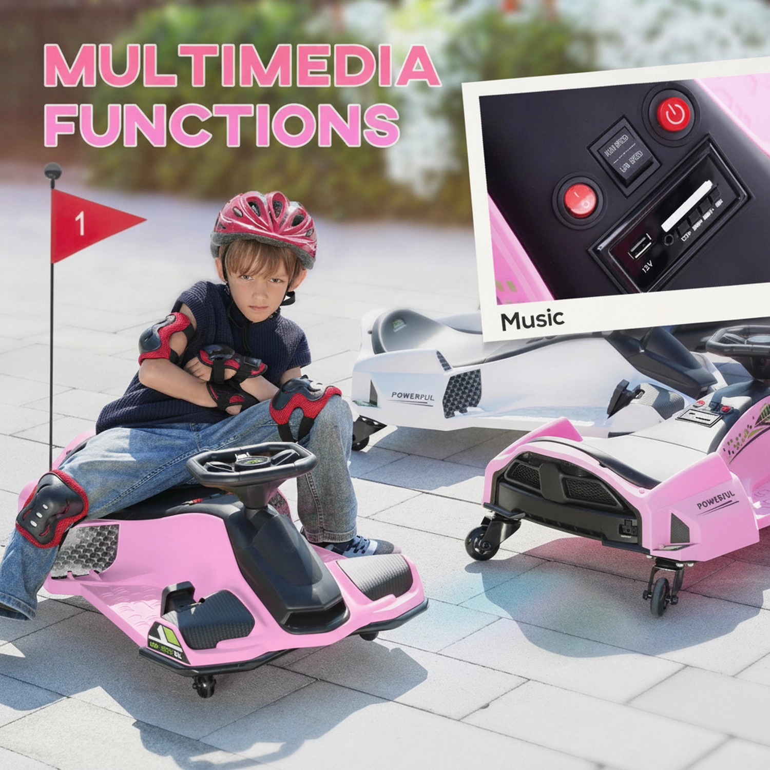 HONGGE Kids Electric Drift Go Kart 12V with Lights & Music, Adjustable Speed up to 5 MPH, Ages 8-12, Pink