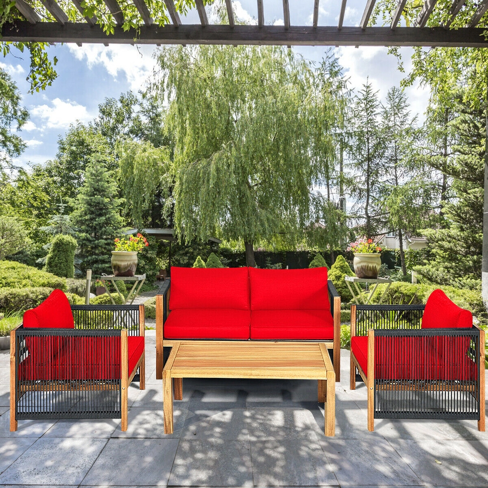 SUGIFT Thick Seat and Back Cushions 4-Piece Red Acacia Wood Patio Furniture Set