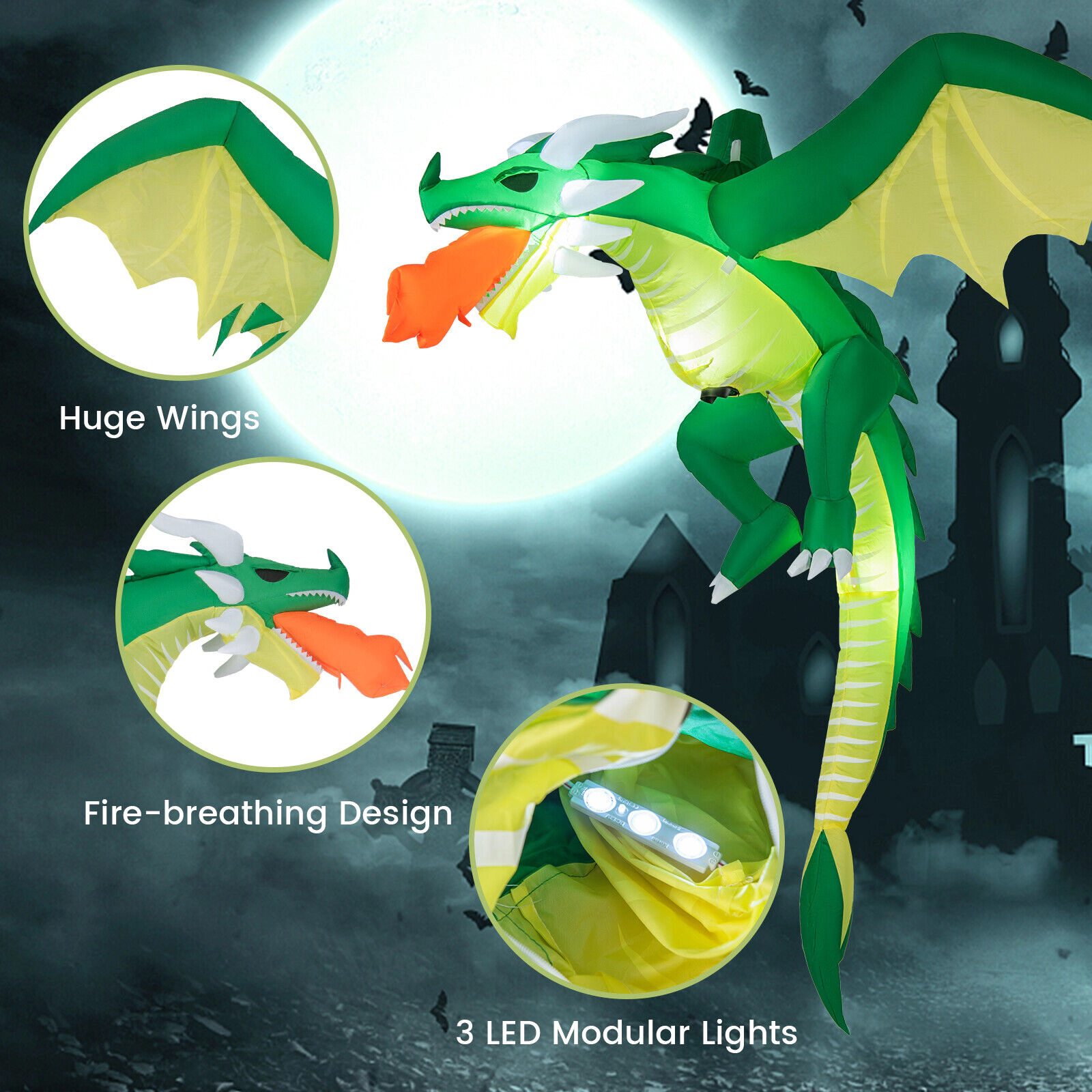 Glintex 5-Ft Hanging Halloween Inflatable Dragon with 1-Minute Inflation, Green
