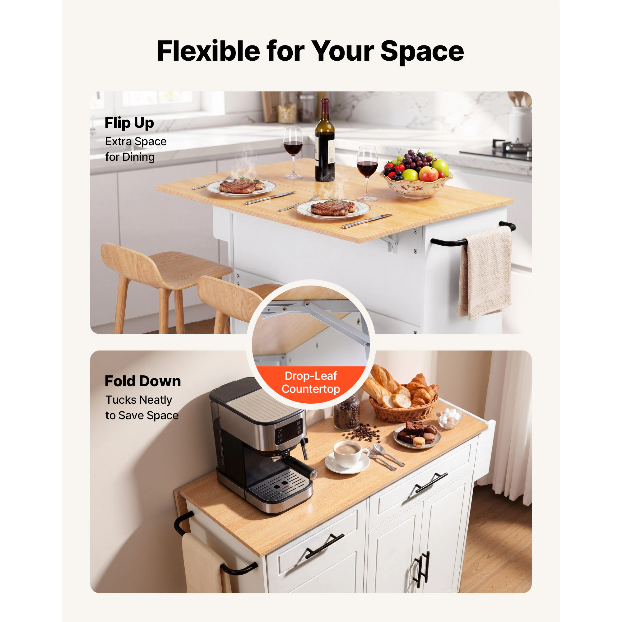 HONGGE Kitchen Island Cart with Storage Mobile Rolling Storage Island on Swivel Wheels with Drawer Storage Cabinet Rack
