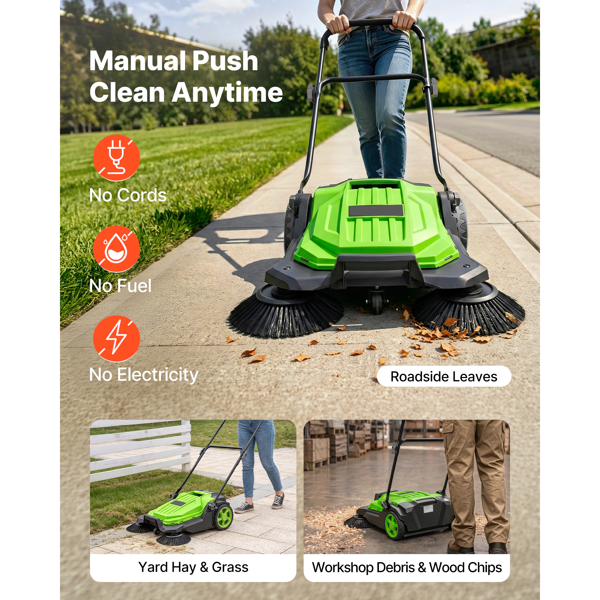 HONGGE Walk-Behind Hand Push Floor Sweeper Manual Non-Electric with 25.6" Sweeping Width 5 Gallons Waste