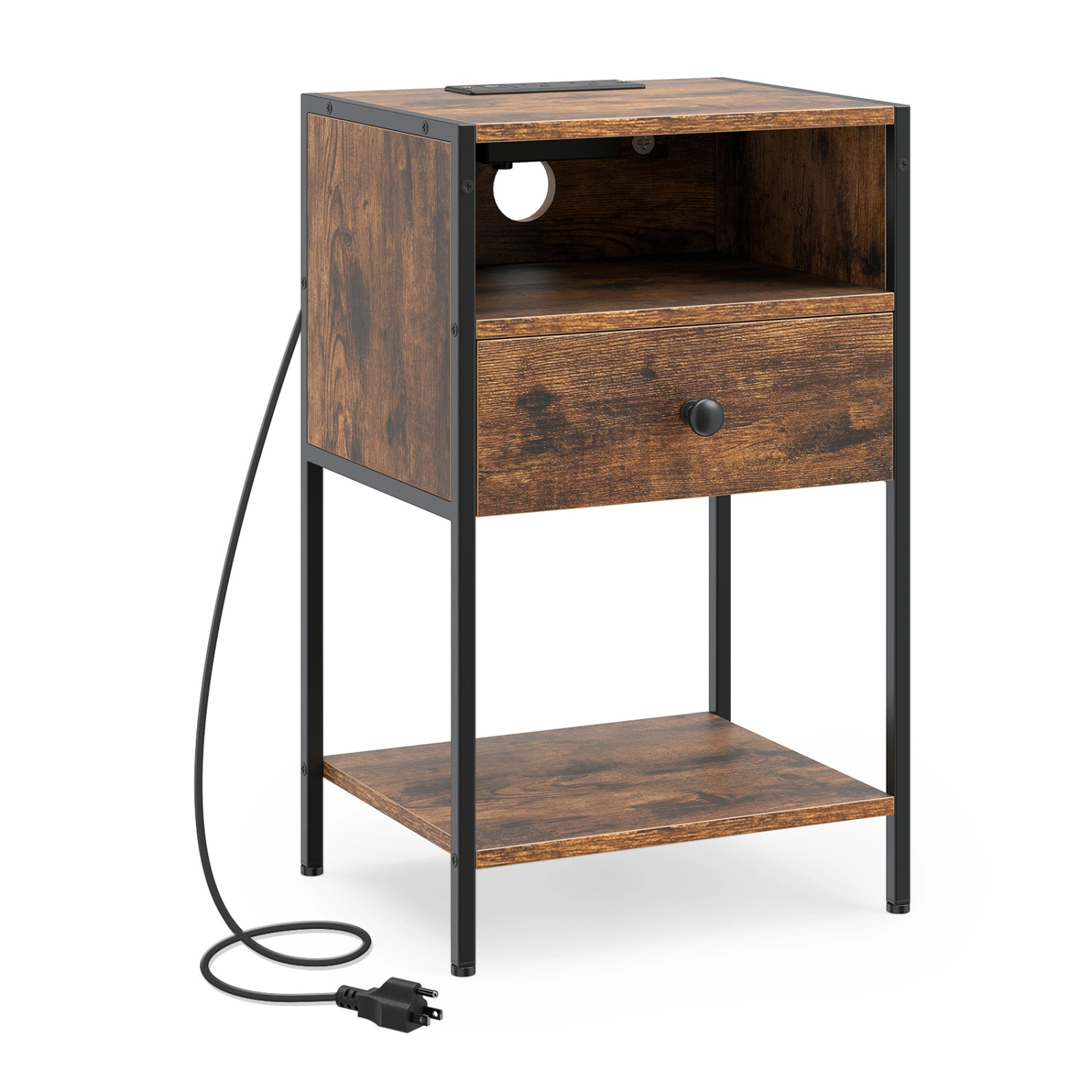 SUGIFT 25.5-In Rustic Brown Nightstand with Charging Station