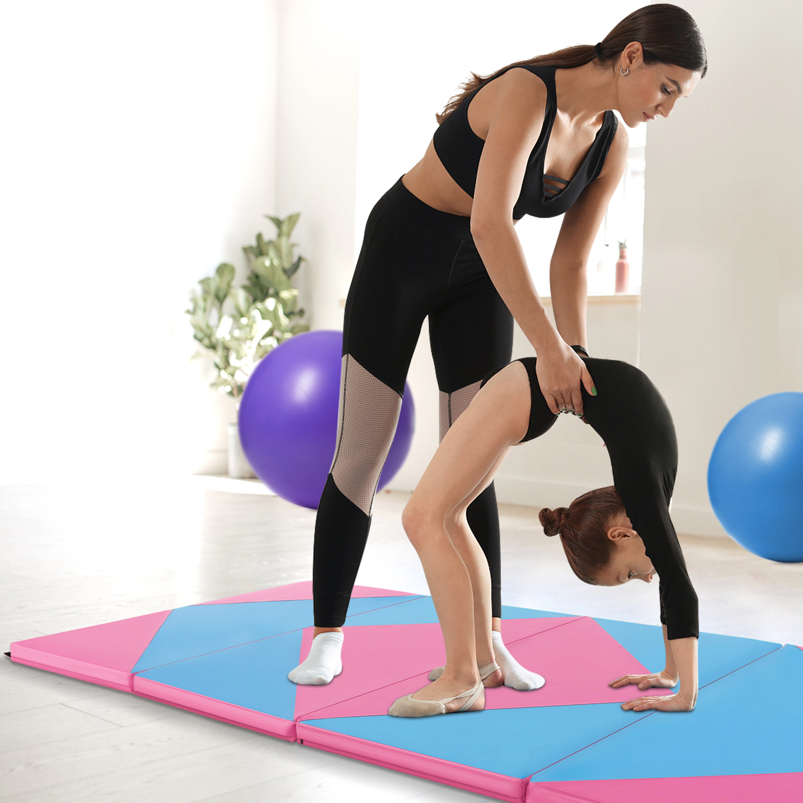 SUGIFT Pink and Blue 4-Panel Folding Gymnastics Exercise Mat with Hook and Loop Fasteners 8-ft W 4-ft D 2-in H