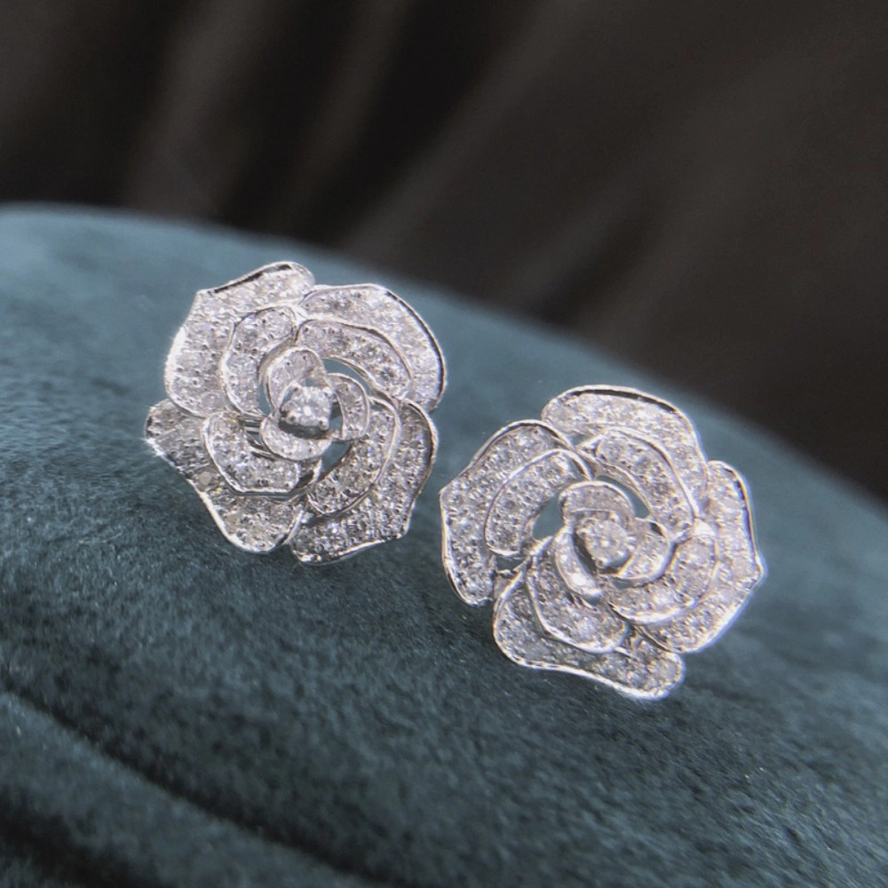 Wardrobe Whimsy Womens Pave Cubic Zirconia Rose Flower Luxury Floral Earrings