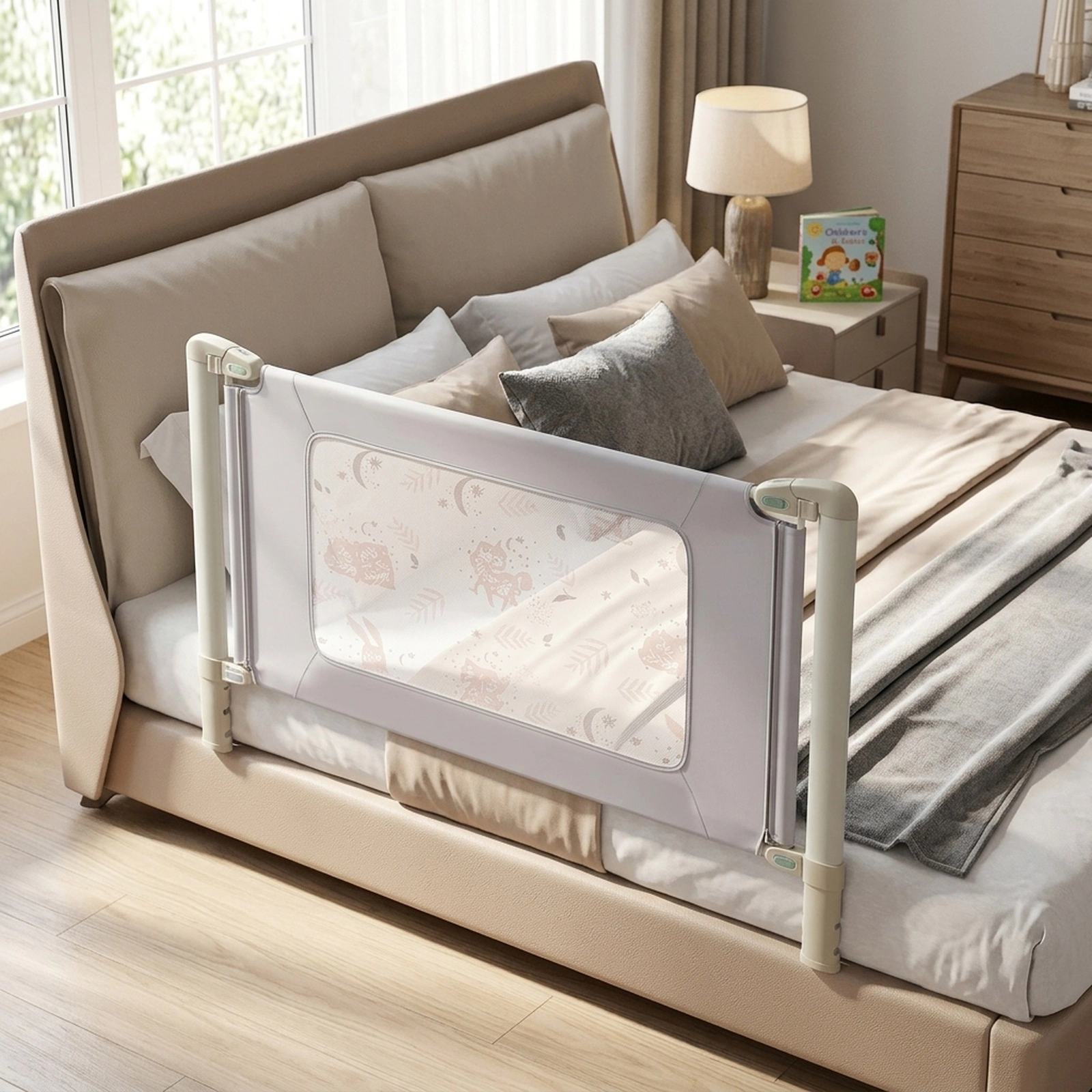 59-in Vertical Lifting Bed Rail for Toddlers with Double Child Lock 4 Height Settings Gap-Free Mattress Fit Gray