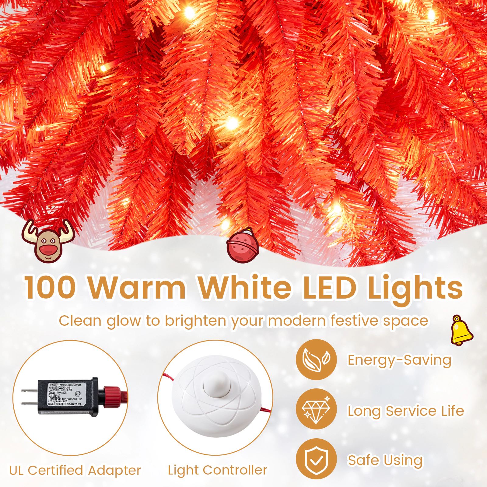 SUGIFT 5-ft Pre-Lit Artificial Christmas Tree with 301 Red and White Tips 100 LEDs and Foot Pedal Switch
