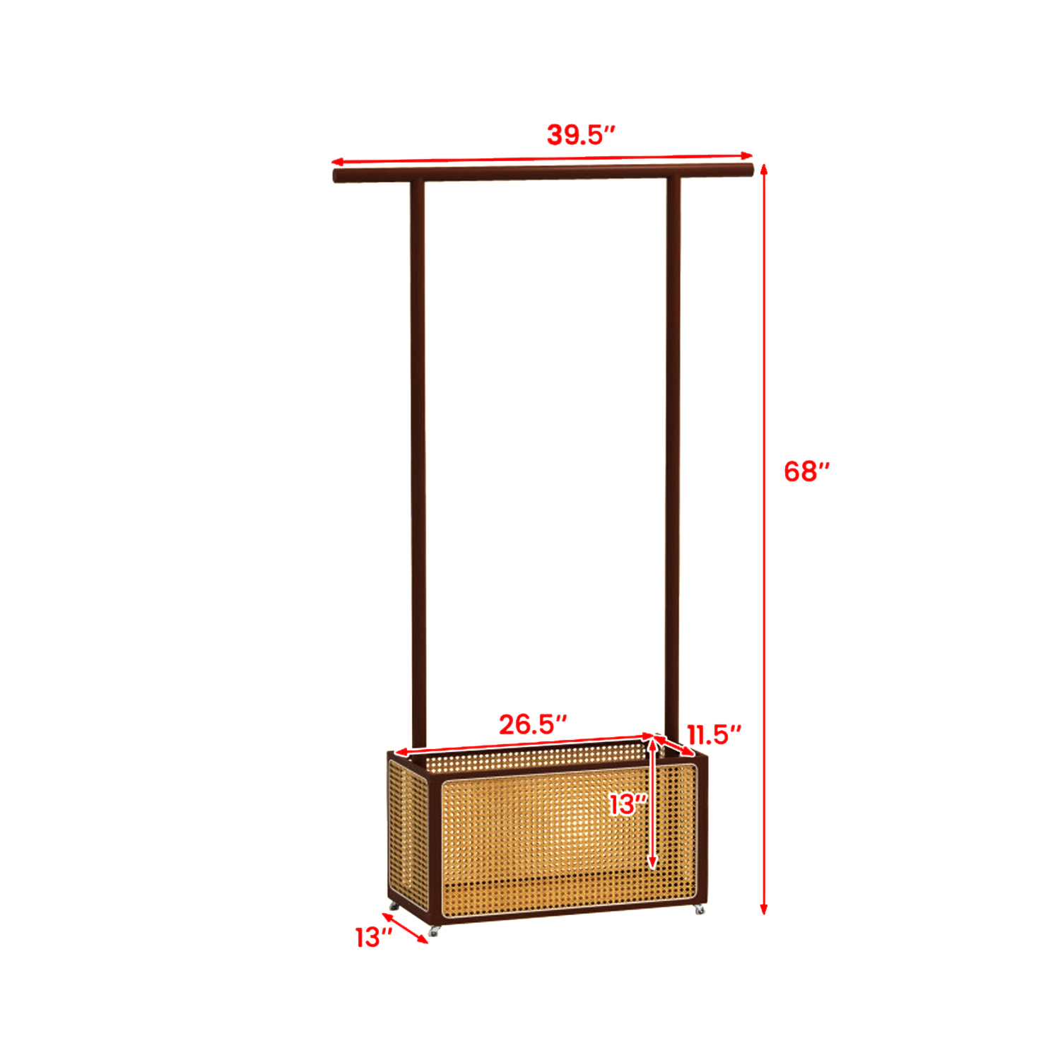 Hivvago Bamboo Garment Stand with Woven Rattan Storage Bin and Wheels