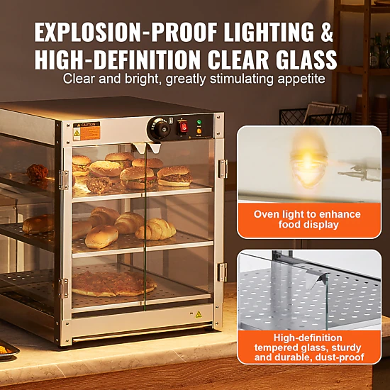 HONGGE Commercial Food Warmer Display 800W Food Display Warmer with Light to Enhance Food Display 86℉~185℉ Temperature