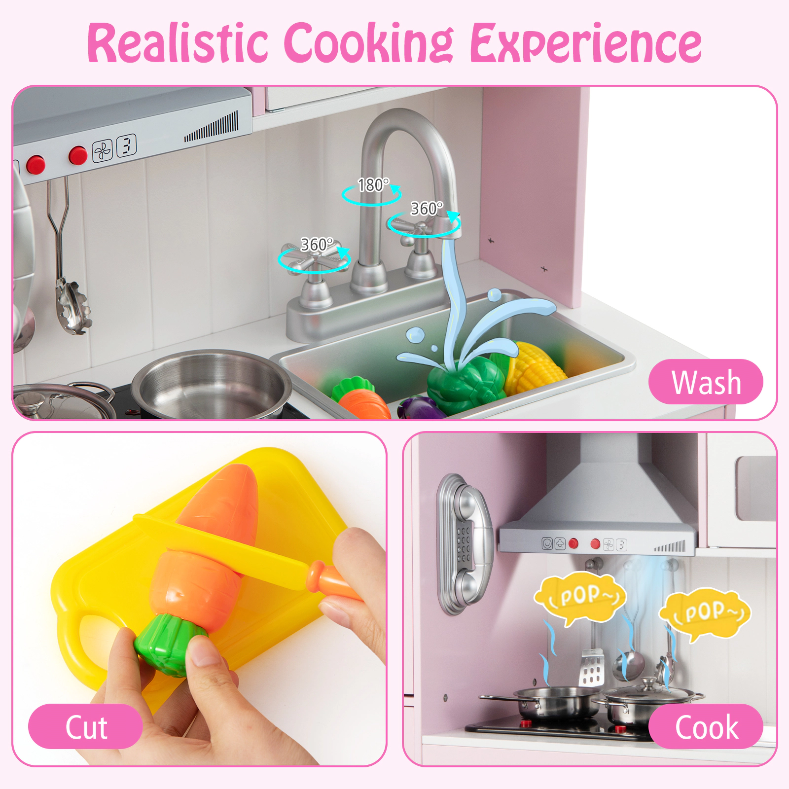 SUGIFT 3-Position Adjustable Pretend Play Kitchen for Kids with 16 Accessories 40.5-in Tall Frame Ages 3+ Pink