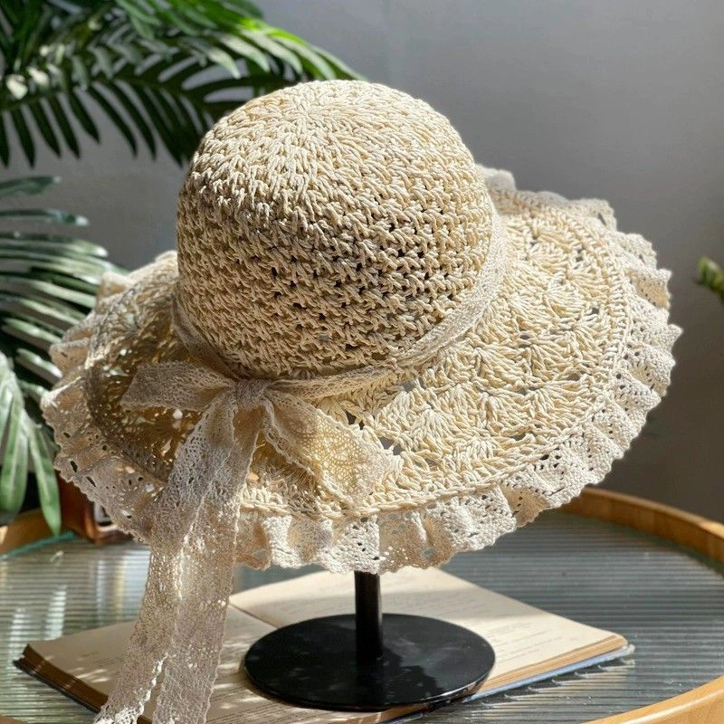Anna-Kaci Womens Wide Brim Straw Sun Hat Lace Trim Breathable Floppy Beach Vacation