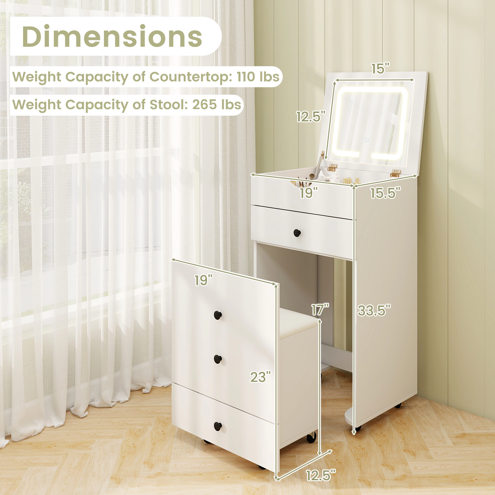 SUGIFT White 3-in-1 Vanity Set with Lighted Flip-Up Mirror, Stool and Locking Casters
