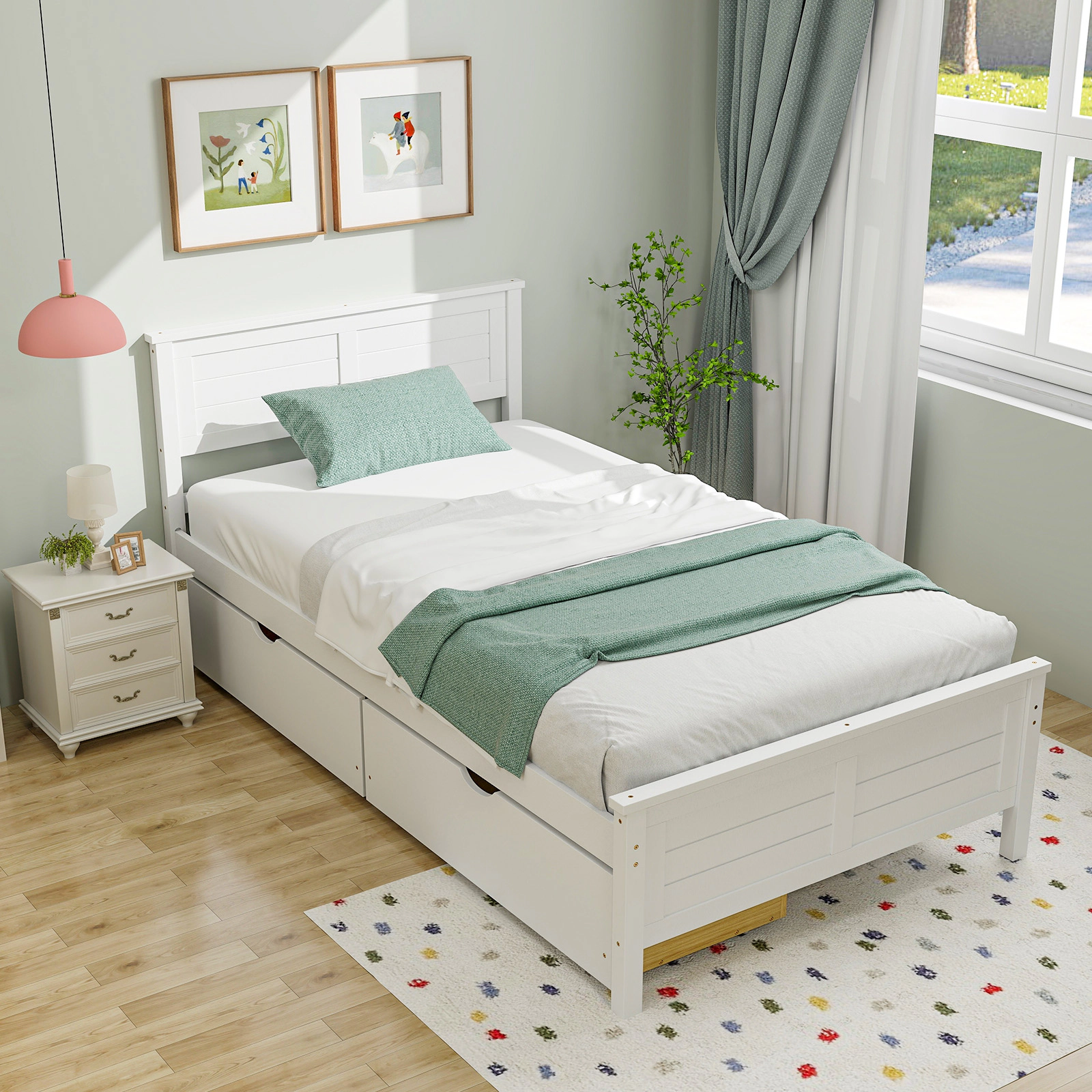 SUGIFT Twin Size Bed Frame with 2 Storage Drawers 350-lb Capacity 43-in Wide Wooden Slat Bed White