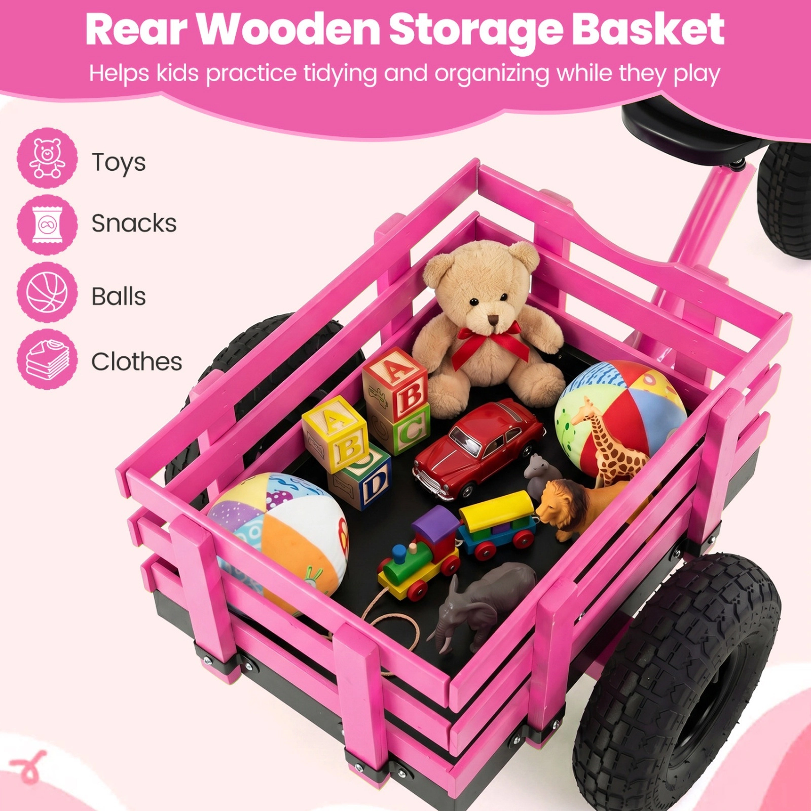 Kids Tricycle 18-in Storage Basket PU Leather Padded Saddle Adjustable 17-in to 21-in Seat Ages 3+ Pink