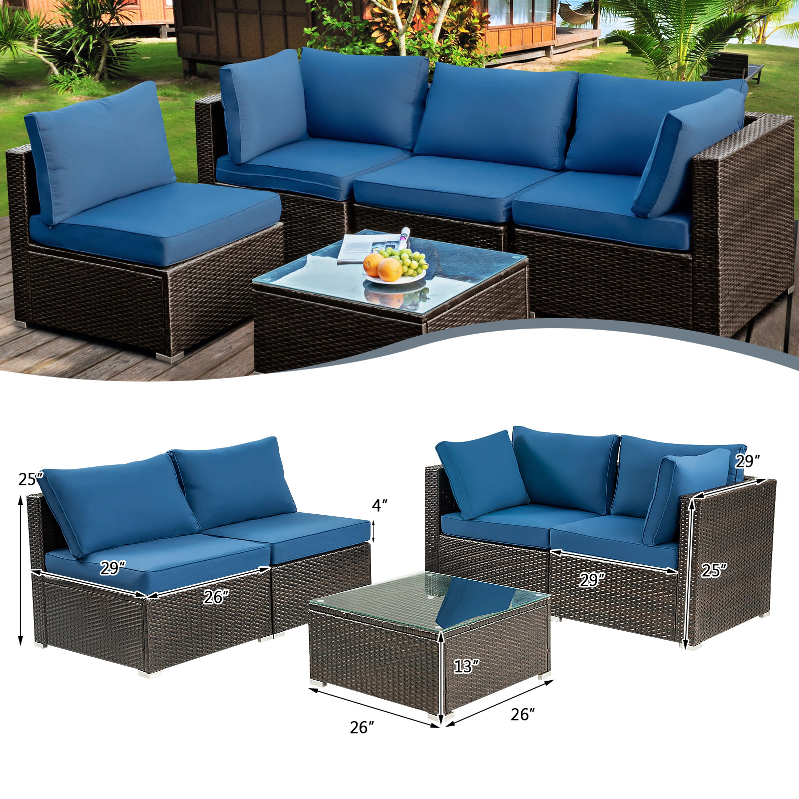SUGIFT 5 Piece Cushioned Patio Rattan Furniture Set with Tempered Glass Table