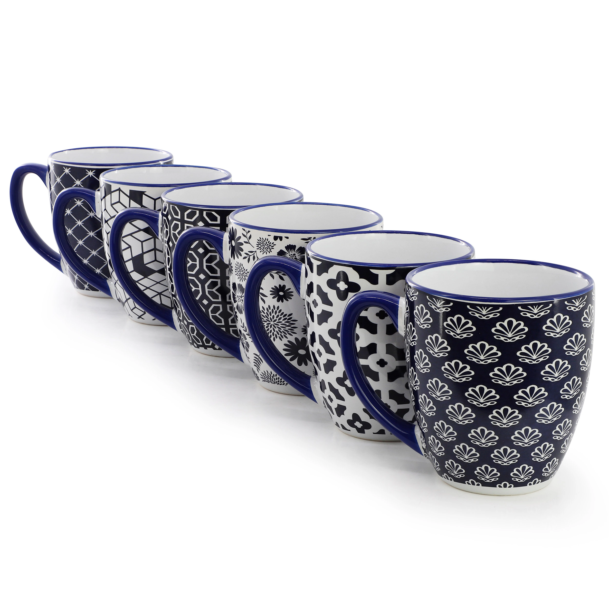Elama Flyn 6 Piece 16 Ounce Assorted Design Stoneware Mug Set in Navy Blue and White