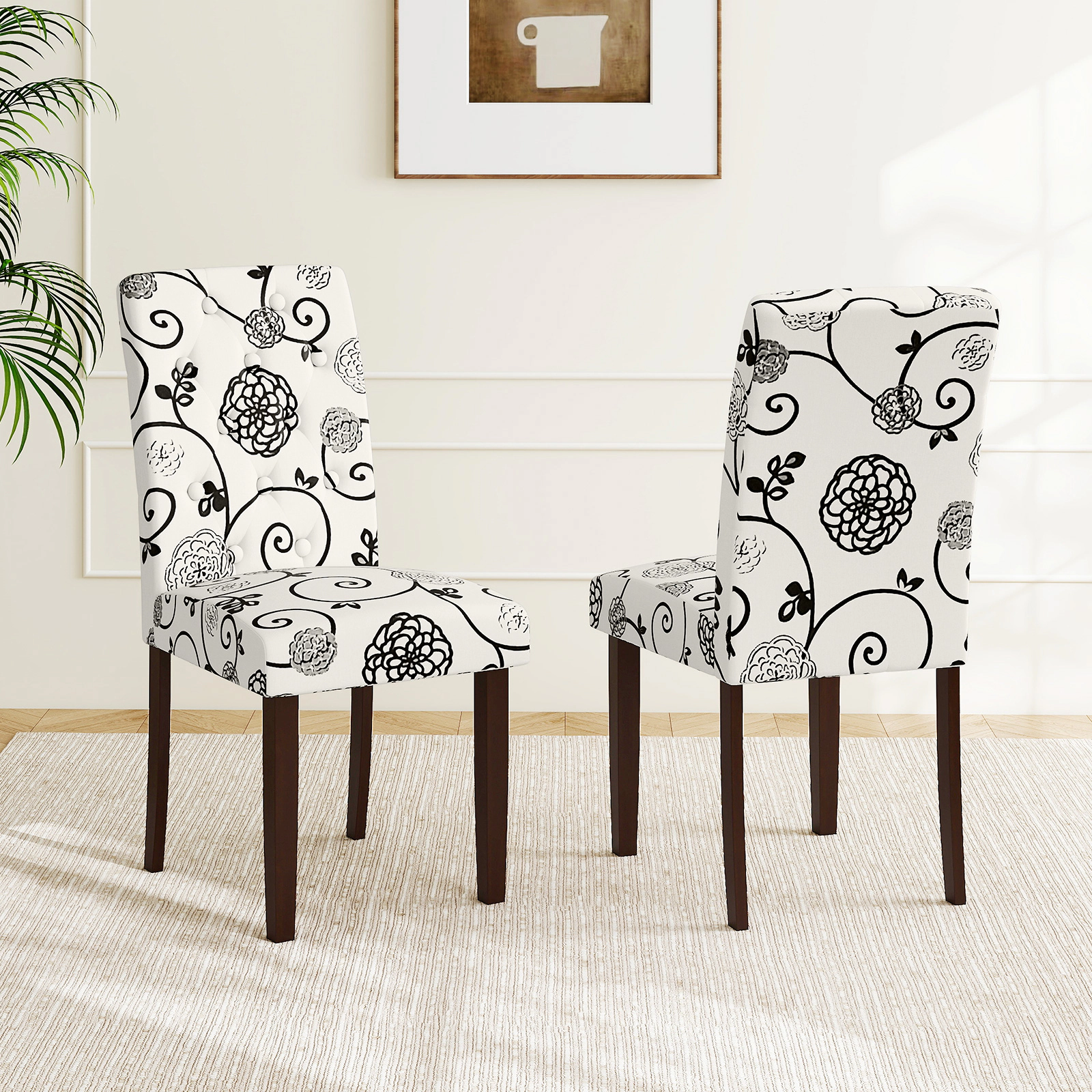 LJG Button Tufted Fabric Upholstered Wooden Dining Chair Set of 2 with High Curved Back