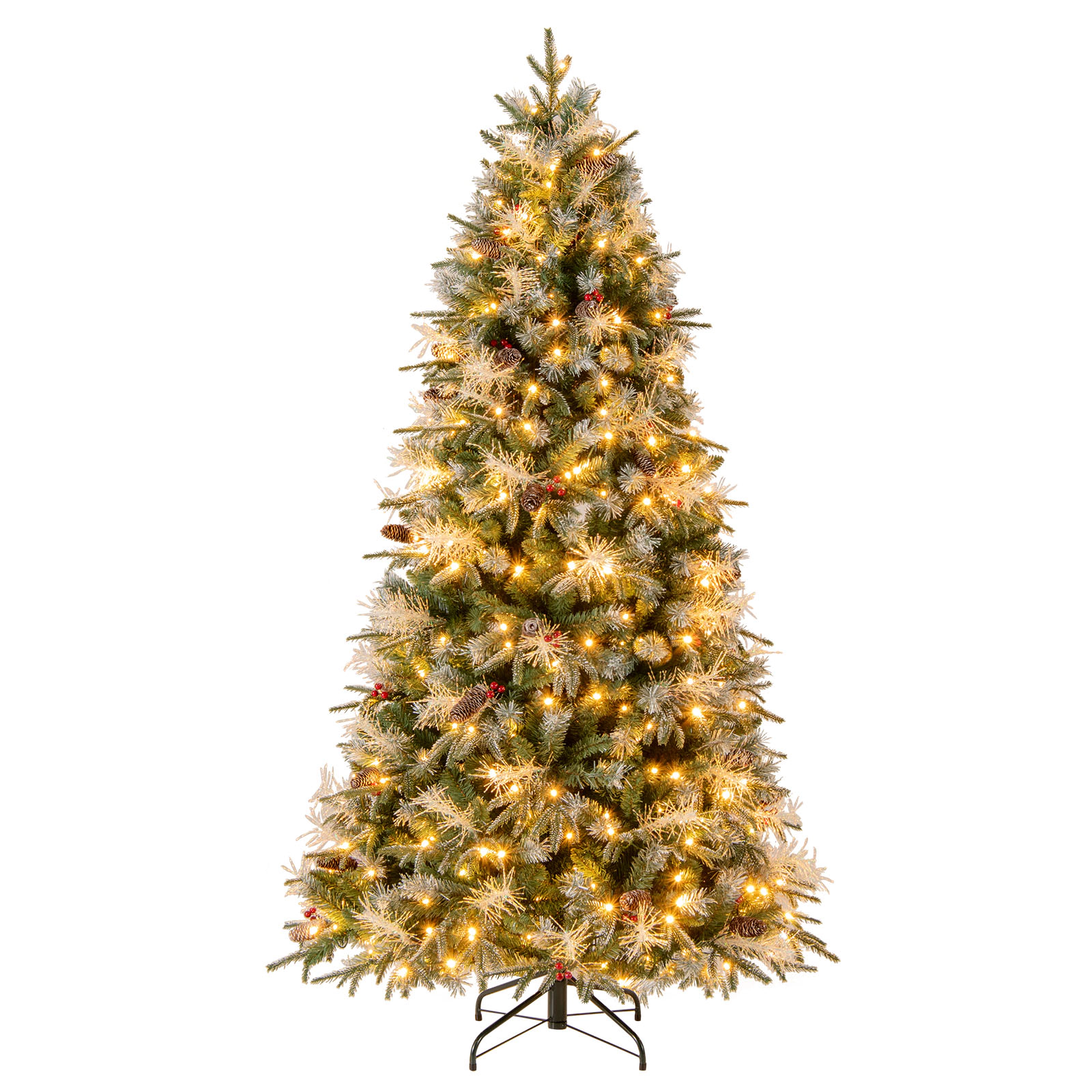 SUGIFT 7-ft Green Pre-Lit Artificial Christmas Tree with 350 LEDs 1072 Snow-Tipped Branches and Pine Cones