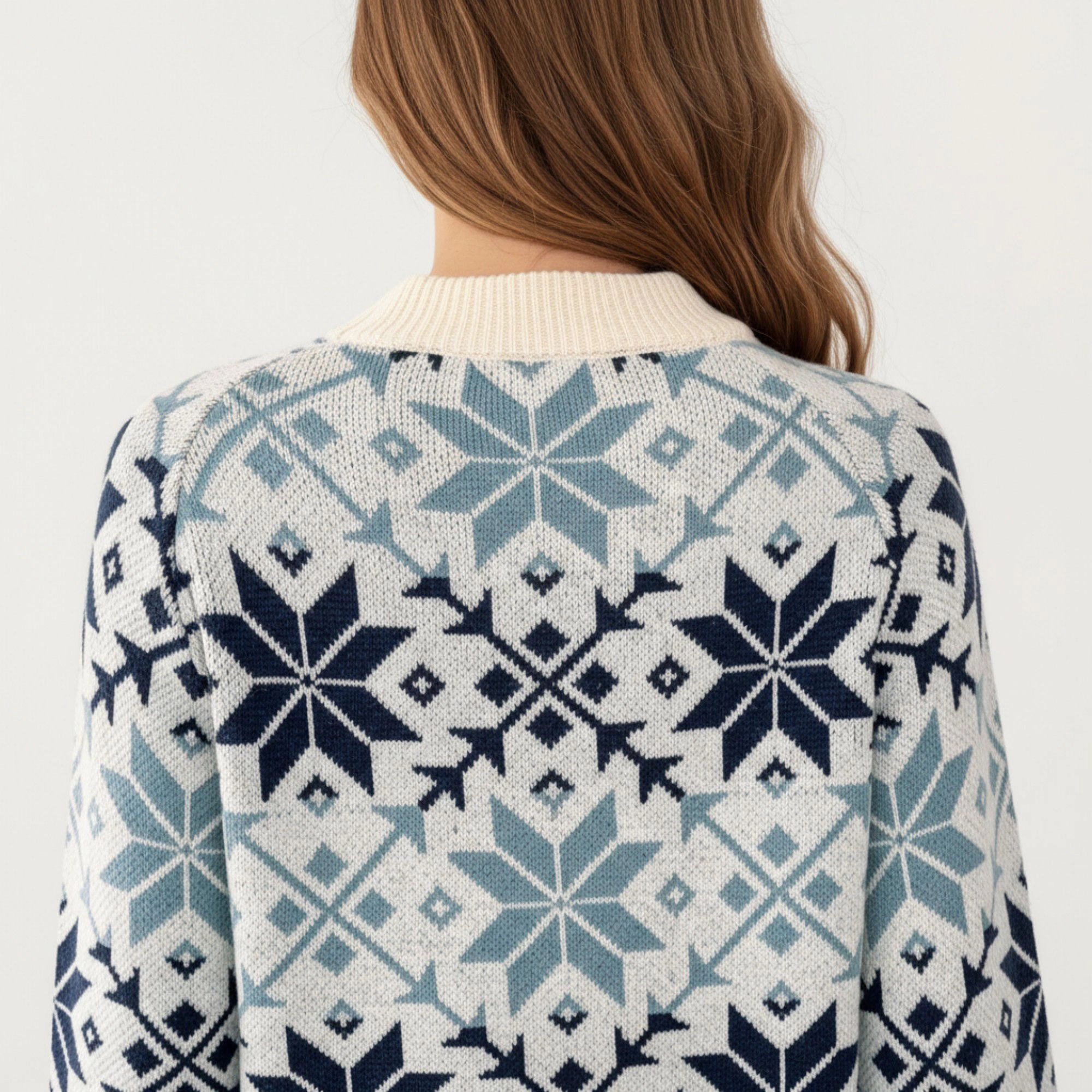 Anna-Kaci Women's Nordic Snowflake Crew Neck Ribbed Trim Knit Sweater