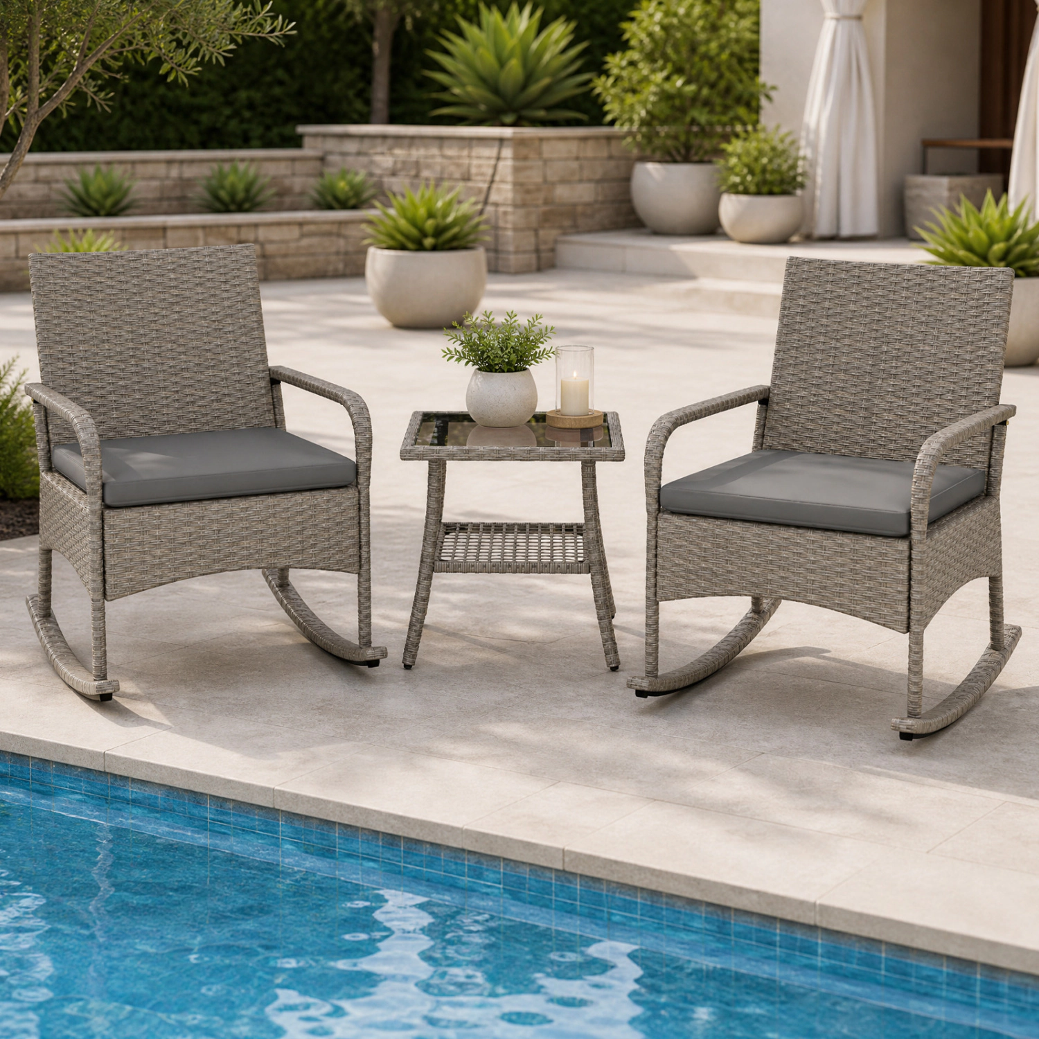 LJG 3-Piece Wicker Rocking Bistro Set with Cushions for Garden Backyard Porch