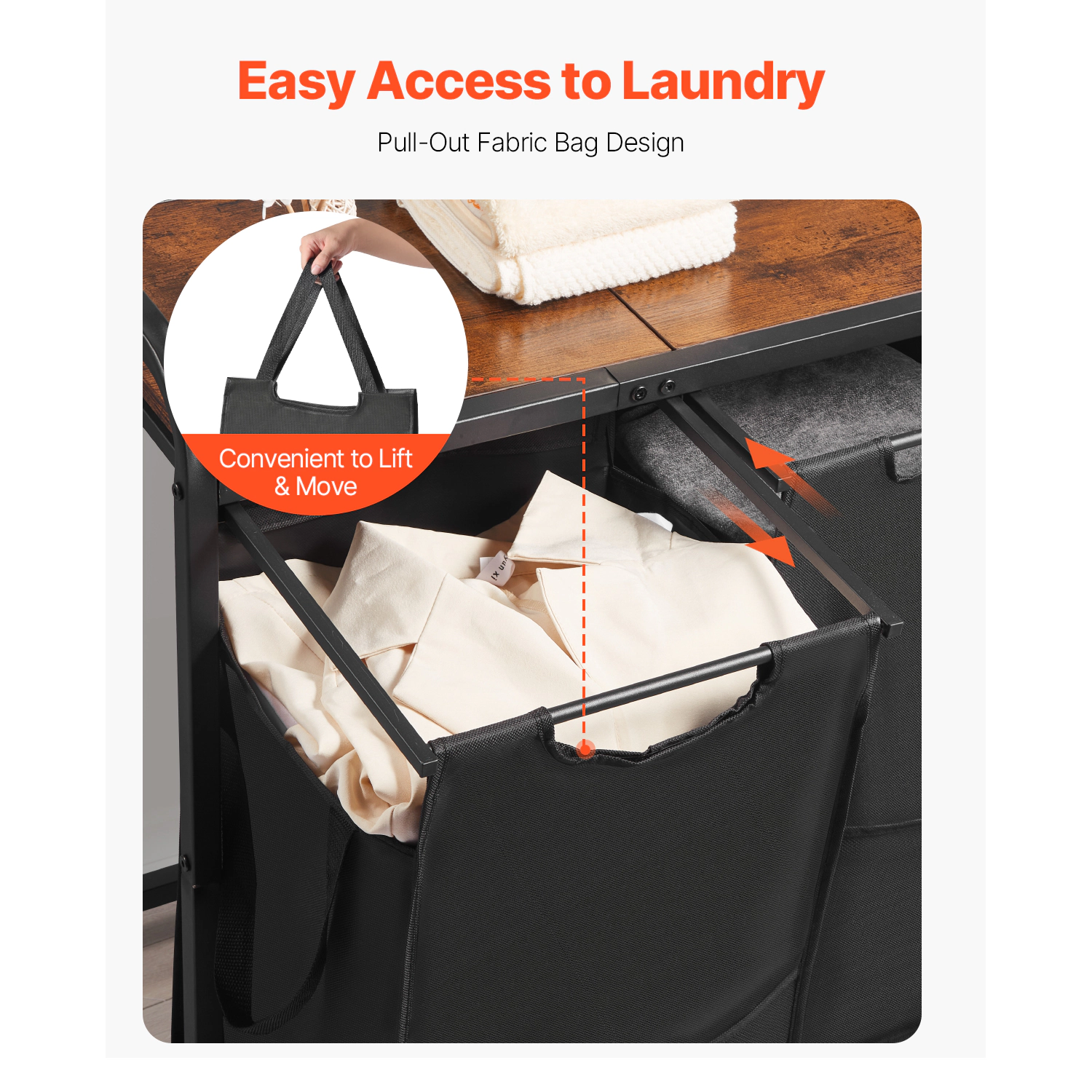 HONGGE 2-Section Laundry Sorter Hamper with Wood Tabletop, Metal Frame & Pull-Out 600D Oxford Fabric Bags