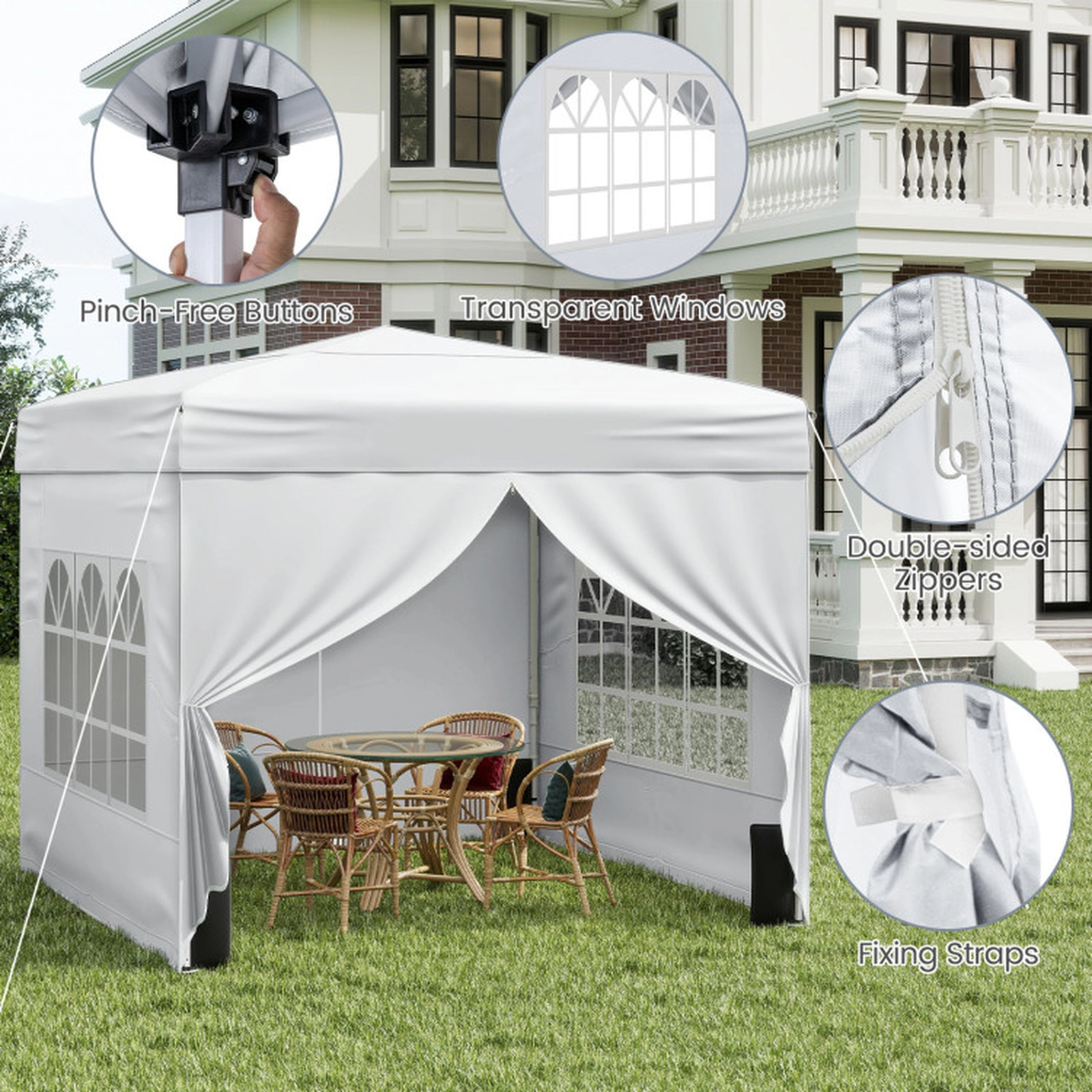 SUGIFT White Wheeled Pop Up Canopy Tent with 2 Window Sidewalls and Carbon Steel Frame 10-ft W 10-ft D 8.2-ft H