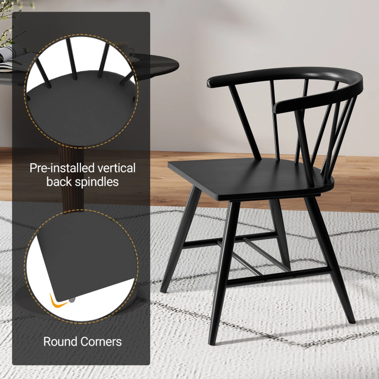 SUGIFT Ergonomic High-Back Windsor Dining Chair Set of 4 Rubber Wood 330-Lb Capacity Black