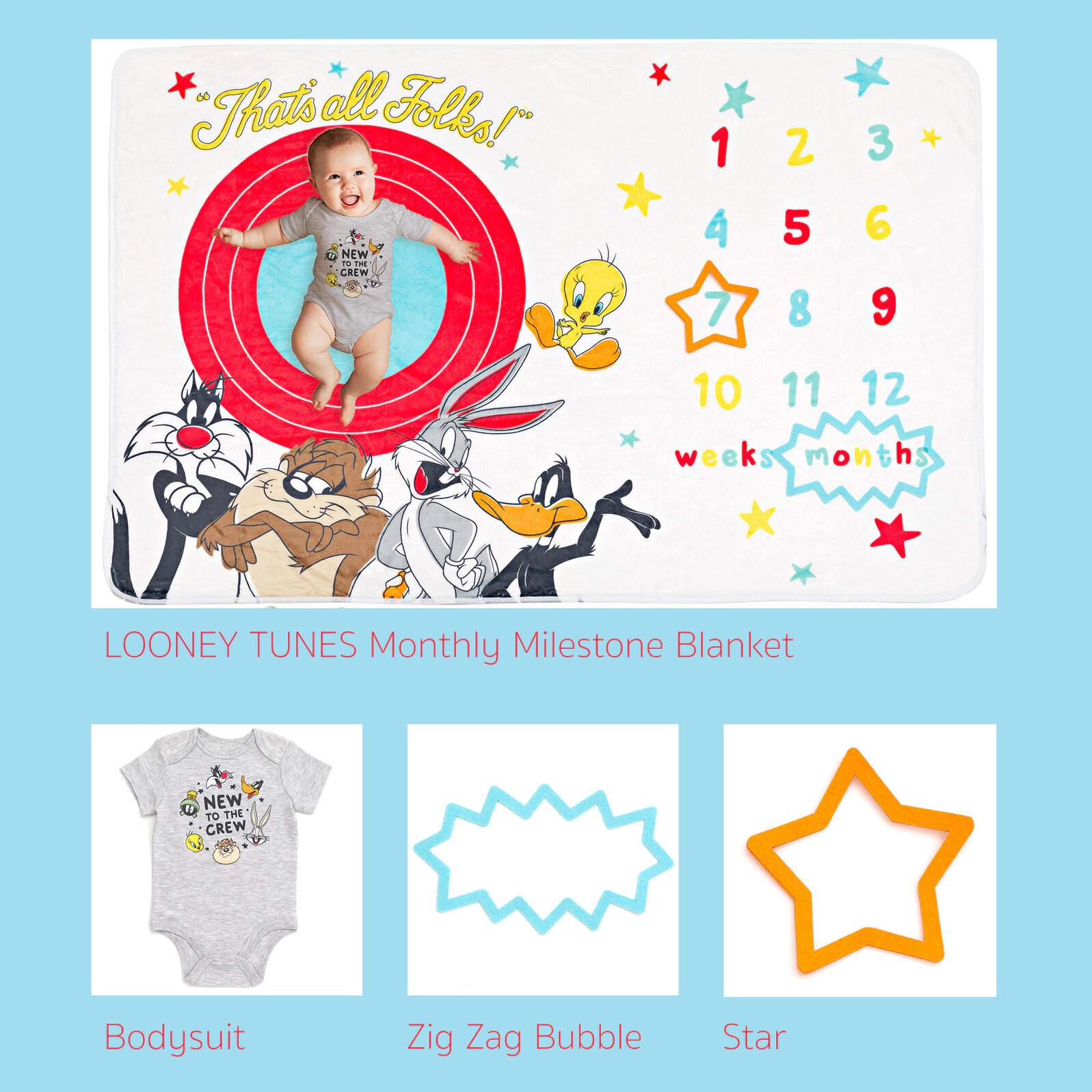 Looney Tunes Baby Boy or Girl Baby Shower Bodysuit and Blanket Set