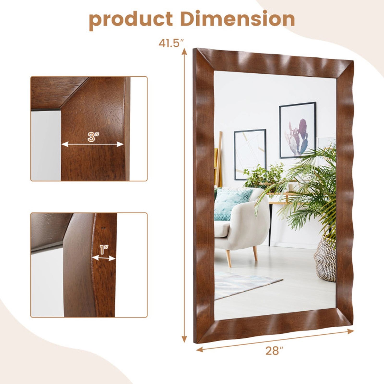 SUGIFT 41.5 x 28 in Farmhouse Rectangular Wall Mirror with 1-in Thick Rubberwood Frame and MDF Back Brown