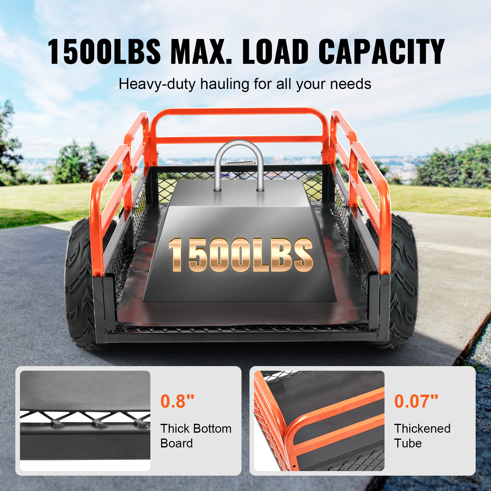 HONGGE Heavy-Duty Steel Tow-Behind ATV Dump Trailer, 1500 lb Capacity, 15 Cu. Ft. Bed for Tractors, Mowers, UTV